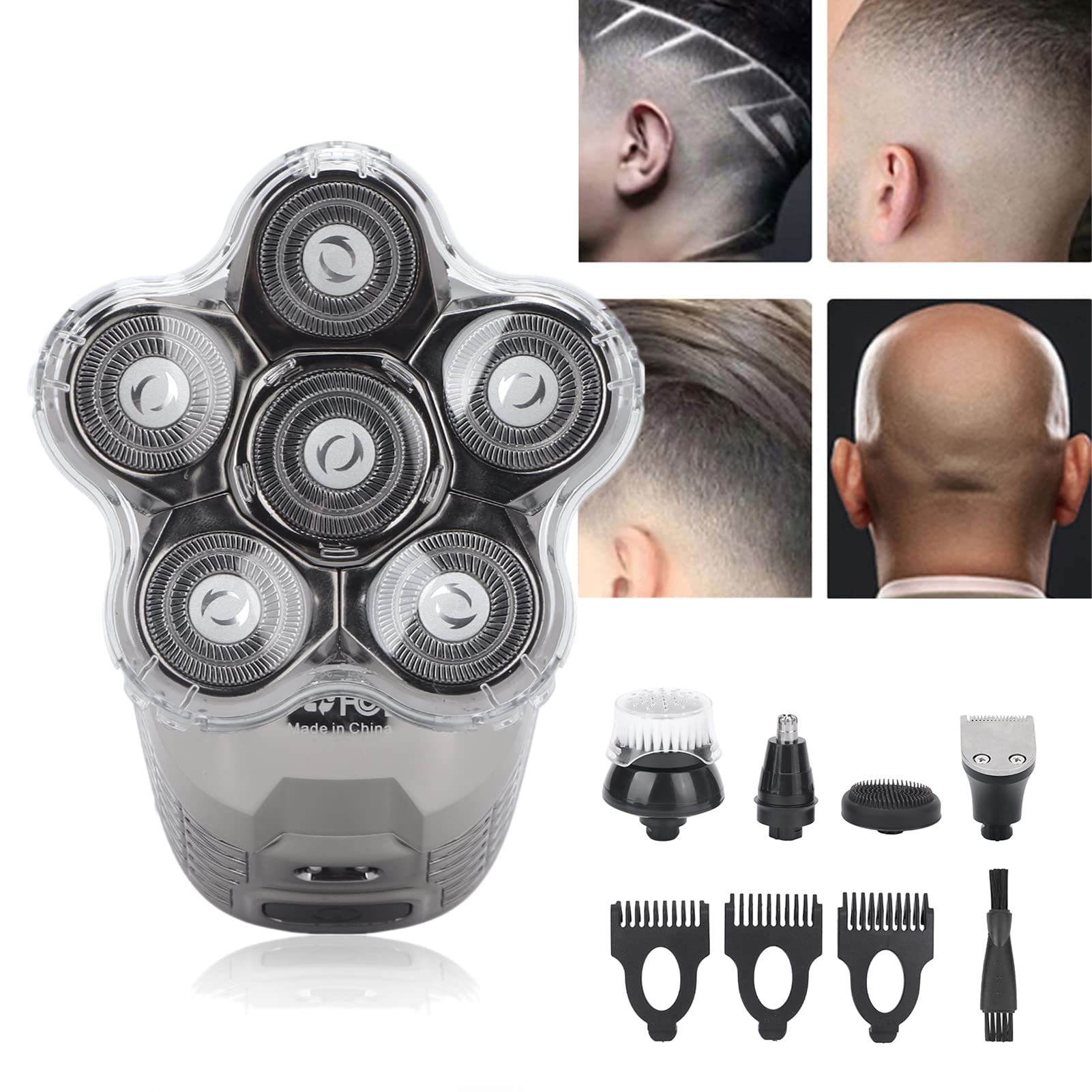 Ciciglow 5-in-1 Electric Head Shaver for Men - Cordless Rechargeable Bald Head Razor with Nose Trimmer, Brush & Massager - Waterproof Multifunctional Trimmer for Shaving, Grooming & Travel Use