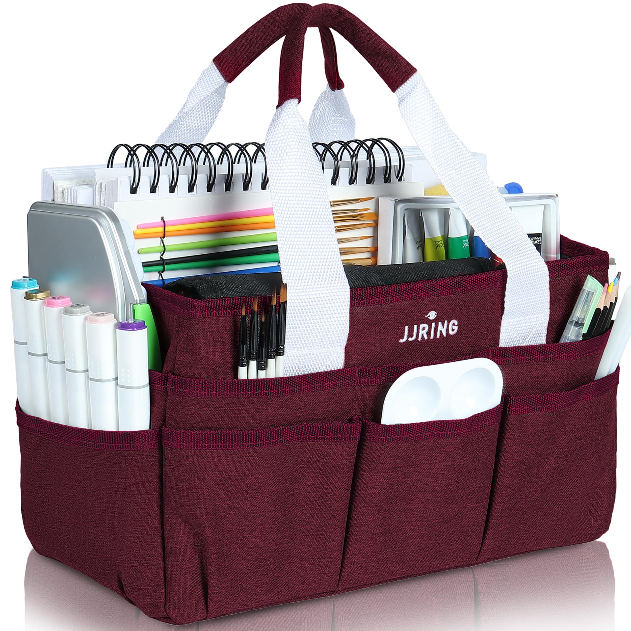 JJRING Craft Organizer Tote Bag with Multiple Pockets - Dark Red Art Storage Caddy for Sewing, Scrapbooking, School, Medical & Office Supplies | Perfect for Artists, Students & Professionals