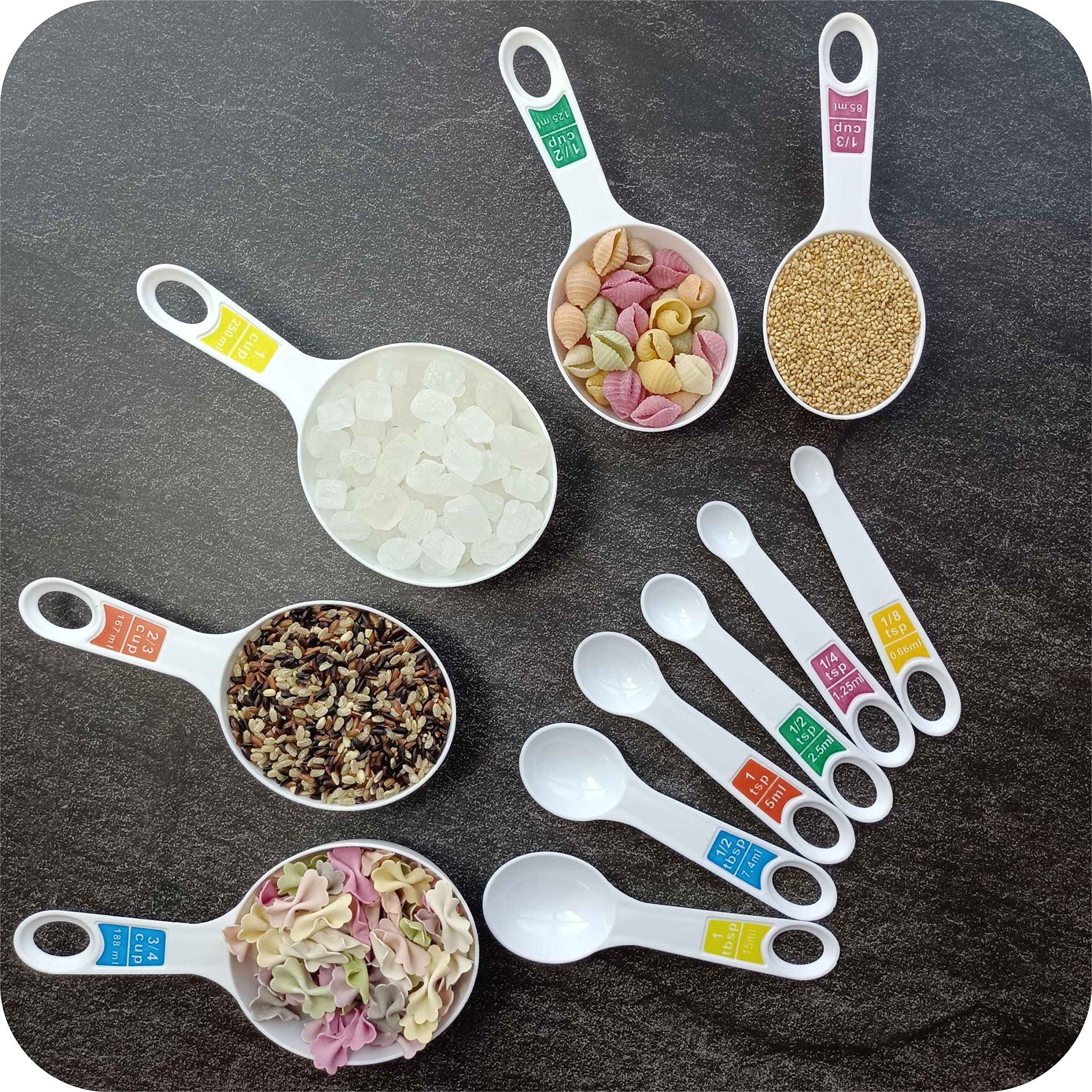 12-Piece Plastic Measuring Cups and Spoons Set - Metric & US Standard Kitchen Measuring Tools for Baking, Cooking - Dishwasher Safe White Measuring Cups for Kids & Adults - Perfect for Baking Cookies, Meal Prep & DIY Projects