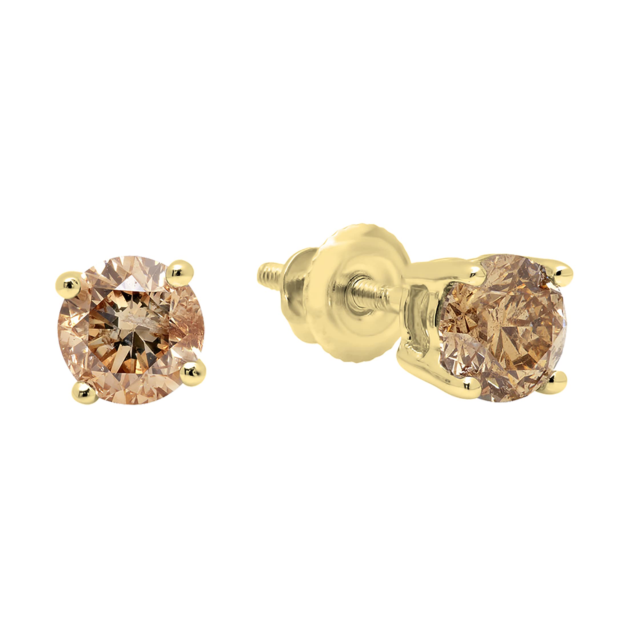 Dazzlingrock 18K Solid Gold Round Champagne Diamond Stud Earrings for Women - Classic Solitaire Screw Back Design, Perfect for Weddings, Anniversaries & Special Occasions