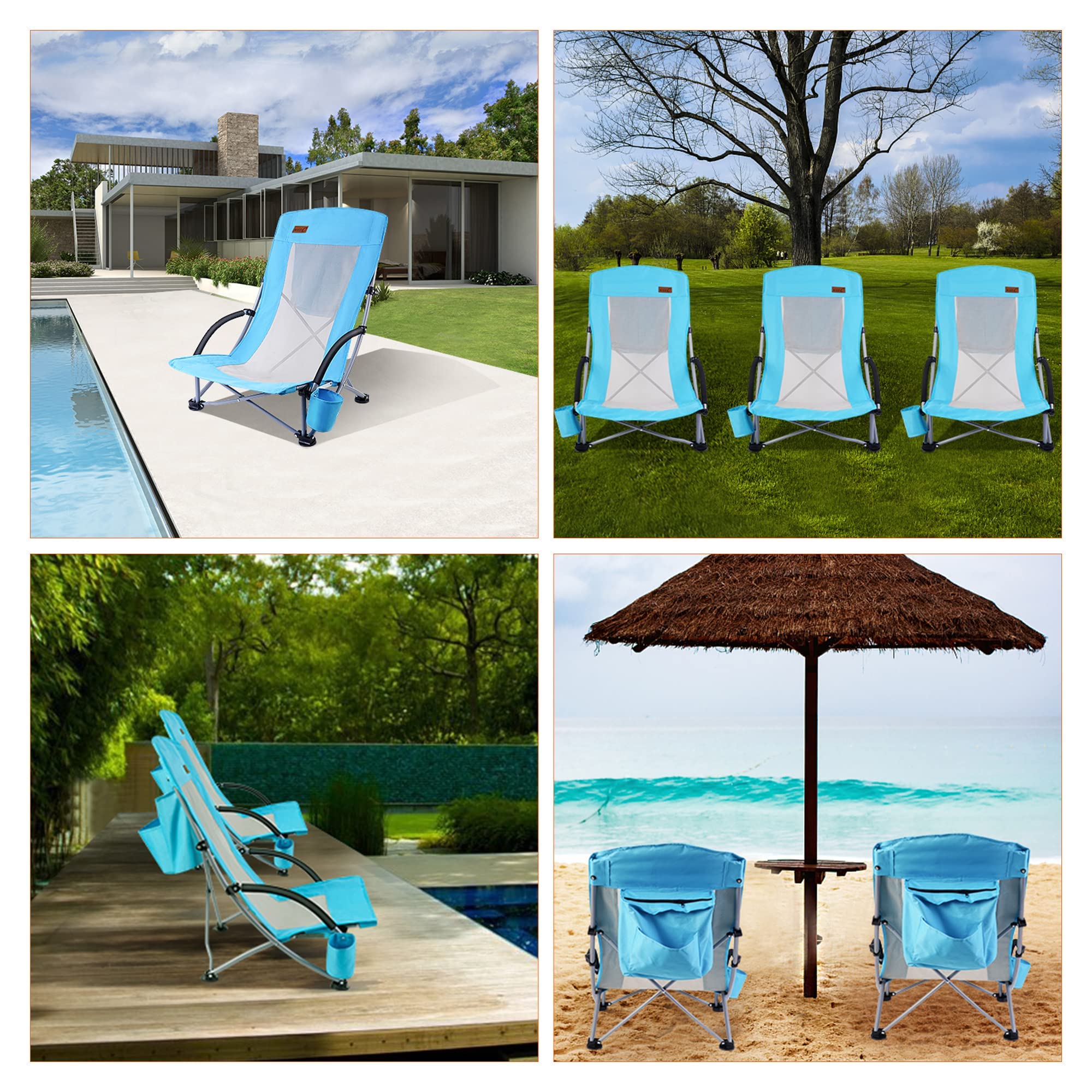 Premium 2-Pack High Back Beach Chairs for Adults with Cooler, Cup Holder & Carry Bag - Heavy Duty Compact Folding Chairs for Outdoor, Camping, BBQ, Travel, Picnic, Festival - Perfect for Beach Vacations, Backyard Relaxing & Summer Adventures (Blue)
