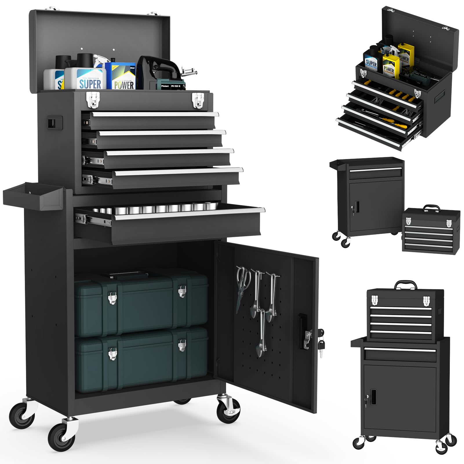 5-Drawer Black Rolling Tool Chest - Heavy Duty 2-in-1 Mechanic Tool Box with Lockable Storage & Wheels | Garage, Workshop & Warehouse Organization | Perfect for Automotive Repair, DIY Projects & Professional Tool Storage