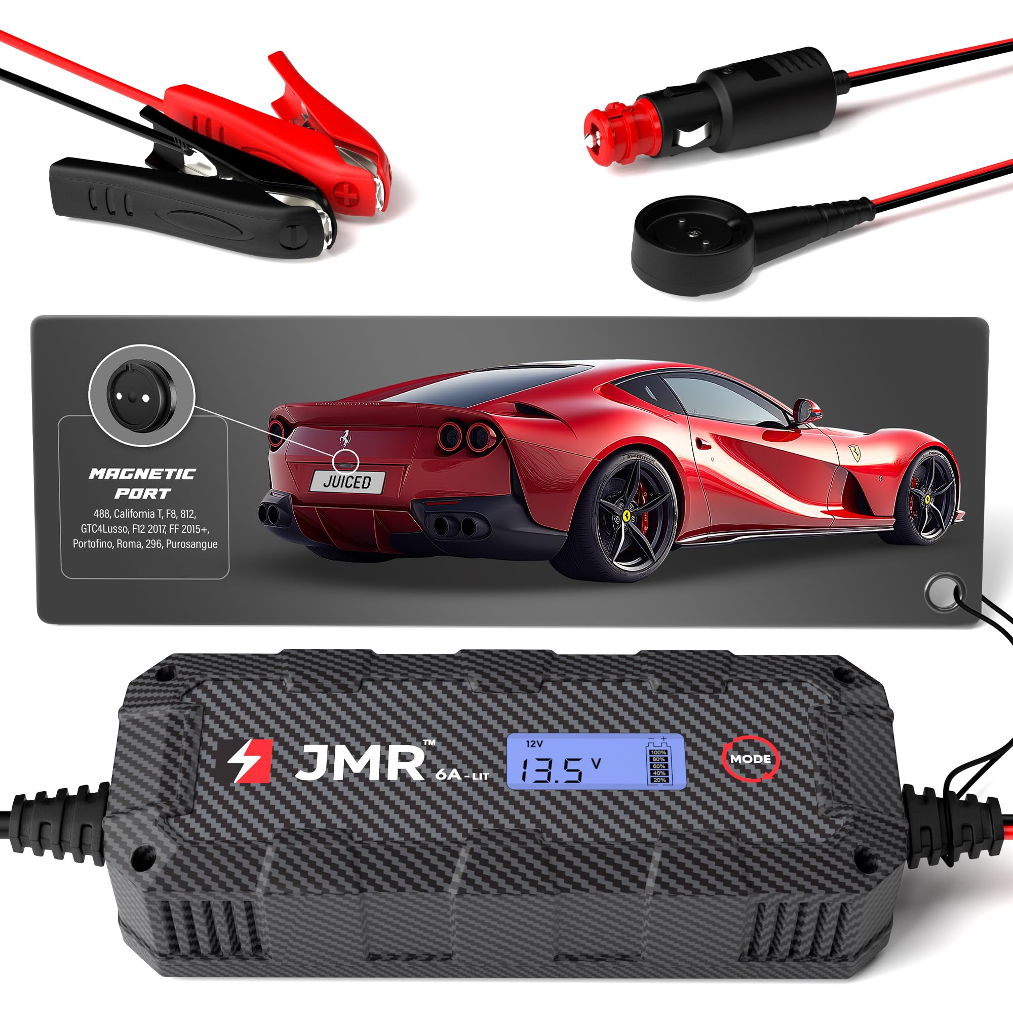Ferrari 488 F8 California T Portofino 812 Roma 296 GTC4Lusso FF F12 Purosangue 12Cilindri Battery Trickle Charger - Magnetic Port & Lithium Mode - Car Battery Maintainer for Long-Term Storage & Winter Use