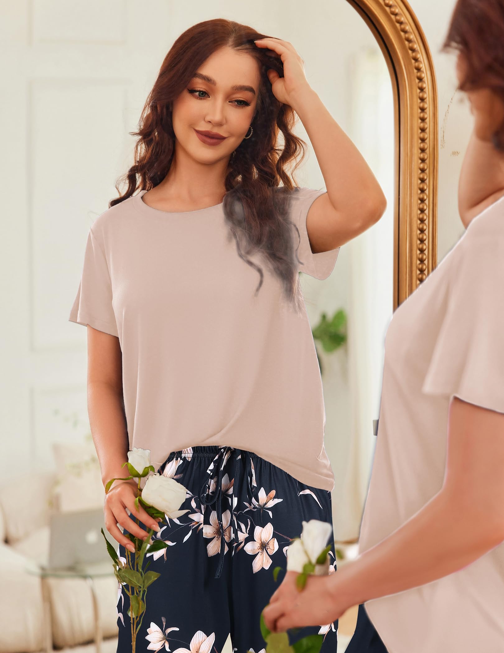 Ekouaer Women's 2-Pack Pajama Sets - Short Sleeve Sleepwear Top & Pants 4-Piece Lounge Set with Pockets | Soft & Comfortable for Nightwear, Loungewear, and Home Relaxation
