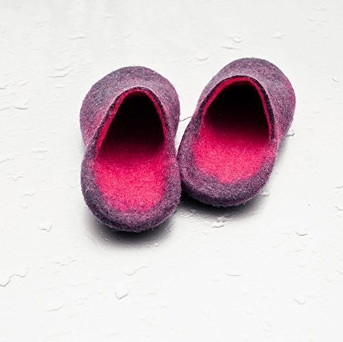 Cozy Felted Wool Slides Slippers for Women - Dark Grey & Hot Pink - Soft House Shoes for Relaxing at Home, Spa Days & Lounging