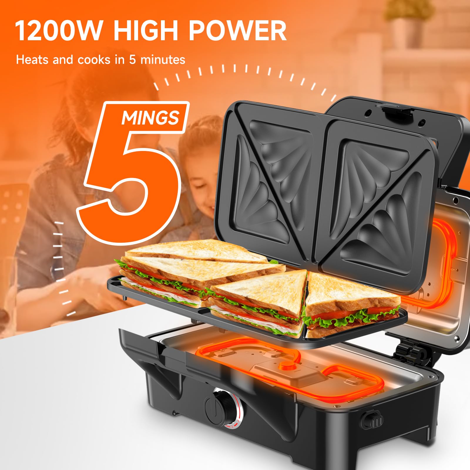 3-in-1 Sandwich Maker & Waffle Iron with 5-Temperature Control - 1200W Non-Stick Plates for Sandwiches, Waffles & Meat - Cool Touch Handle & LED Lights - Perfect for Breakfast, Brunch & Quick Meals