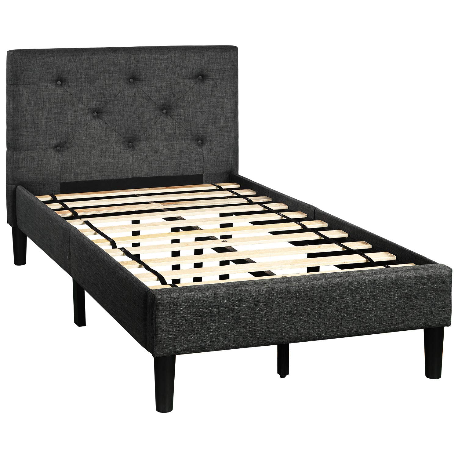 JULYFOX Twin Size Dark Grey Platform Bed Frame with Button Tufted Headboard - Heavy Duty 300 lb Capacity, No Box Spring Needed, Solid Wood Slats - Perfect for Small Spaces, Apartments & Guest Rooms