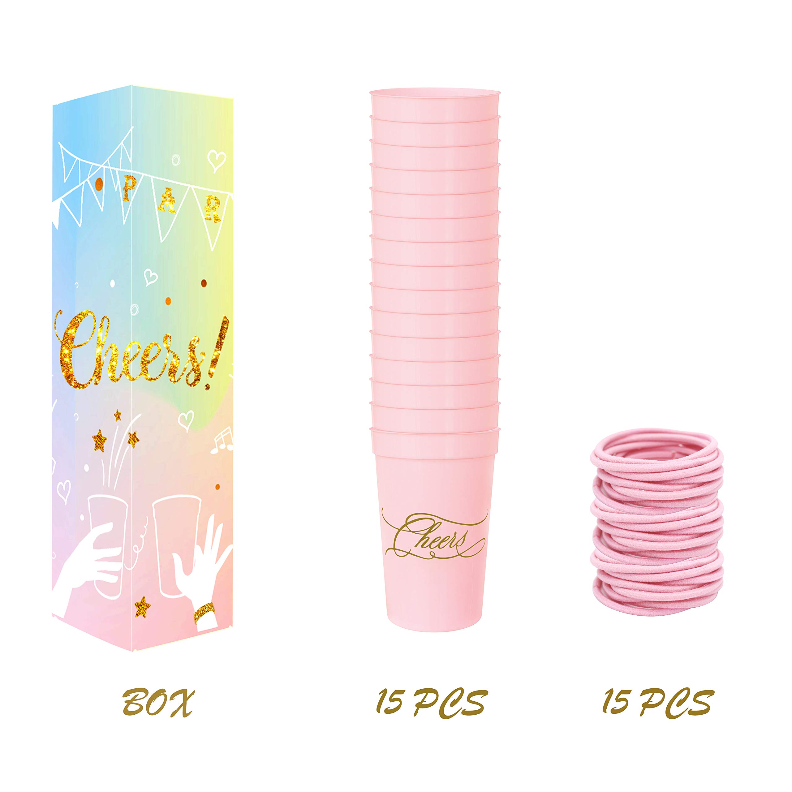 LADY&HOME 15 Pack 16 Oz Reusable Plastic Party Cups - Elegant & Durable Cheers Cups for Wedding, Birthday, Bridal Shower & Special Events (Pink) - Perfect for Cocktails, Mocktails & Champagne Toasts