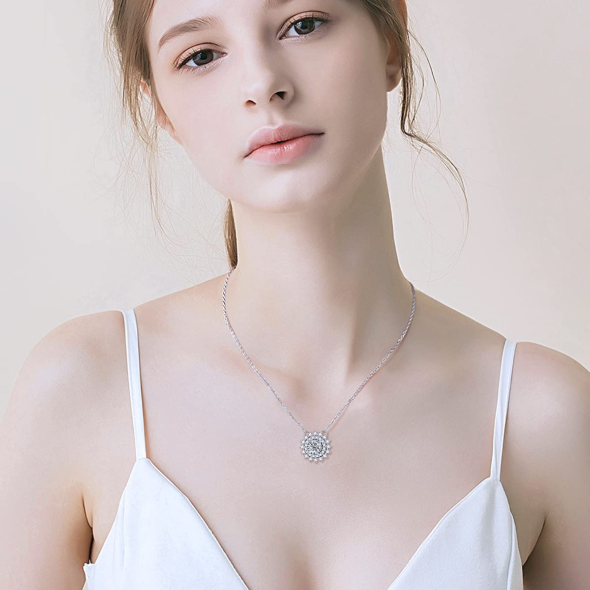 1 Carat Moissanite Halo Pendant Necklace for Women - Platinum Plated Silver Flower Necklace 18