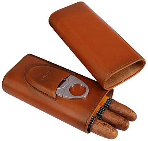 AMANCY Premium 3 Finger Brown Leather Cigar Case with Cedar Wood Lined Humidor & Silver Stainless Steel Cutter - Perfect for Travel, Gifts & Cigar Storage