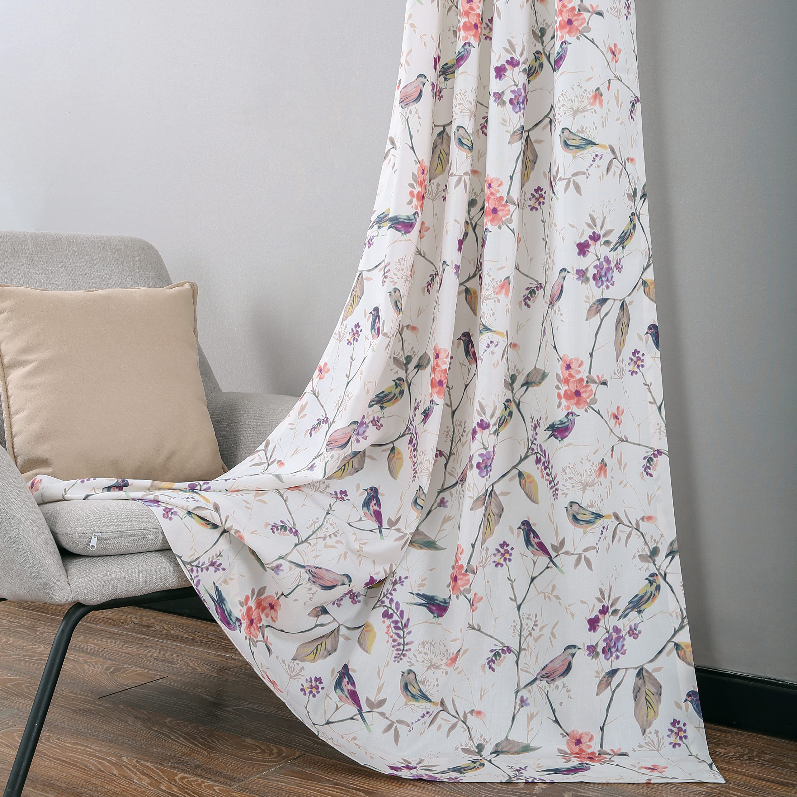 Leeva Office Curtains - Romantic Birds & Plant Print Grommet Top Window Drapes, 2 Panels (52x96 Inches, Purple) - Perfect for Office, Studio & Home Decor