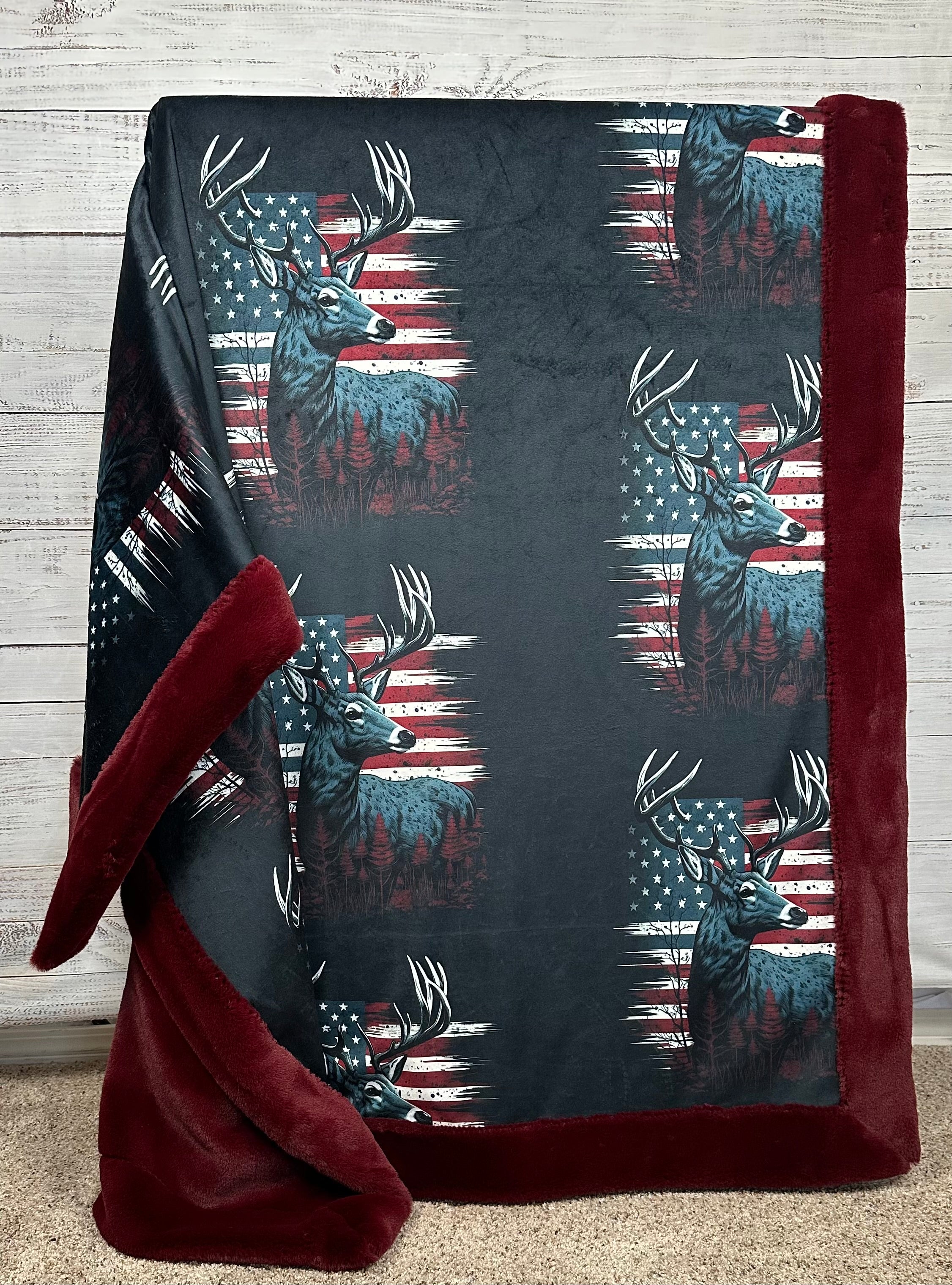 Premium Merlot Luxe Large 55x79 Minky Blanket with Deer and Flag Design - Soft & Cozy Throw for Bedroom, Couch, or Gift