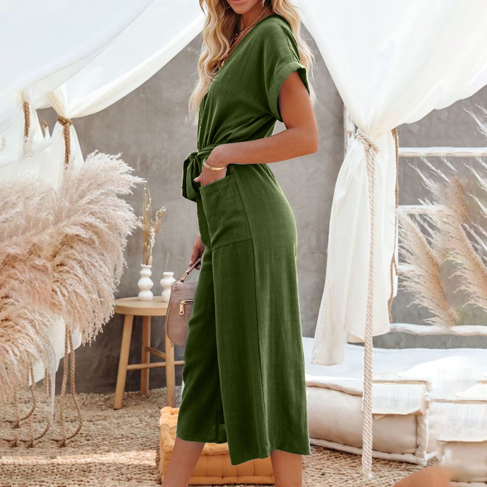Women's V-Neck Tie Pocket Jumpsuit - Elegant Formal Evening Party Wedding Guest Outfit - Sexy Casual Button Romper in Army Green (Medium) | Perfect for Cocktail Parties, Date Nights & Summer Events