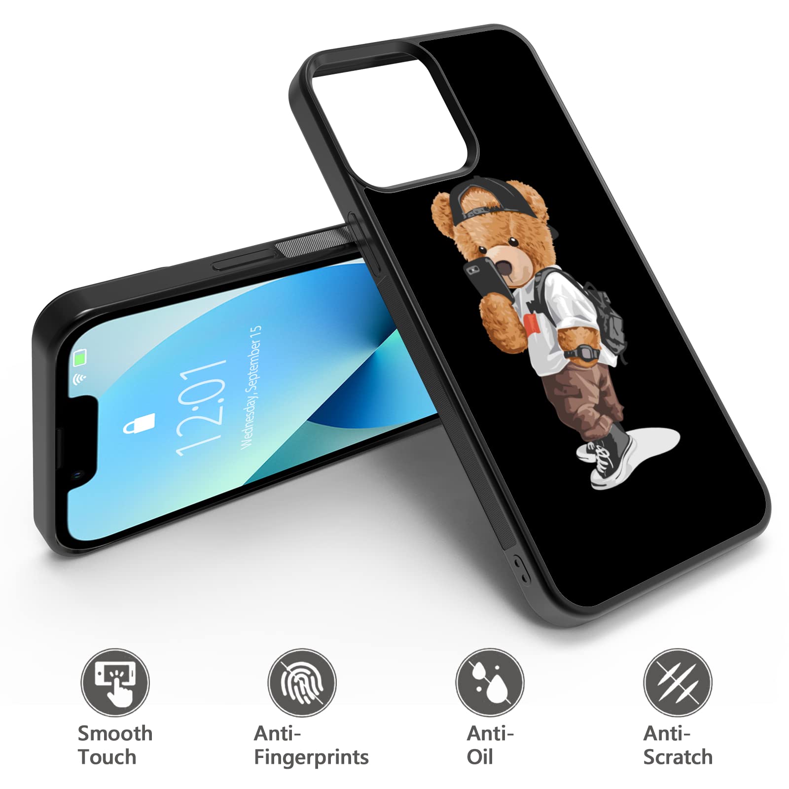 FANXI Cute Bear Shockproof Phone Case for iPhone 13 Pro Max 6.7 Inch - Protective Stylish Cover for Men Women Boys Girls Teens - Perfect for Daily Use, Work, School & Outdoor Activities - Black