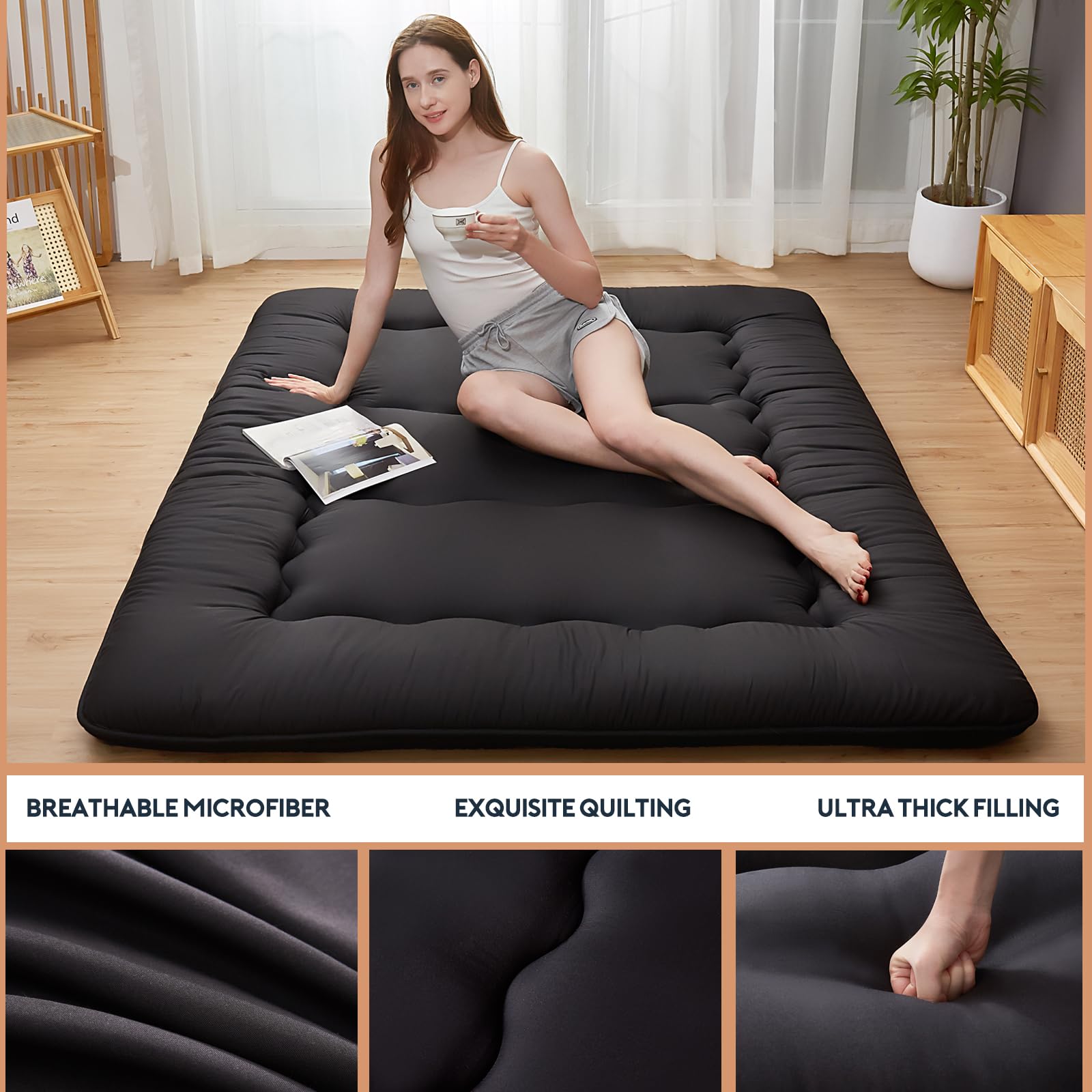 Japanese Futon Floor Mattress - Foldable Tatami Sleeping Mat with Washable Cover for Adults & Kids - Twin/Full/Queen Size (Queen, Black) - Perfect for Guest Rooms, Small Spaces & Minimalist Living