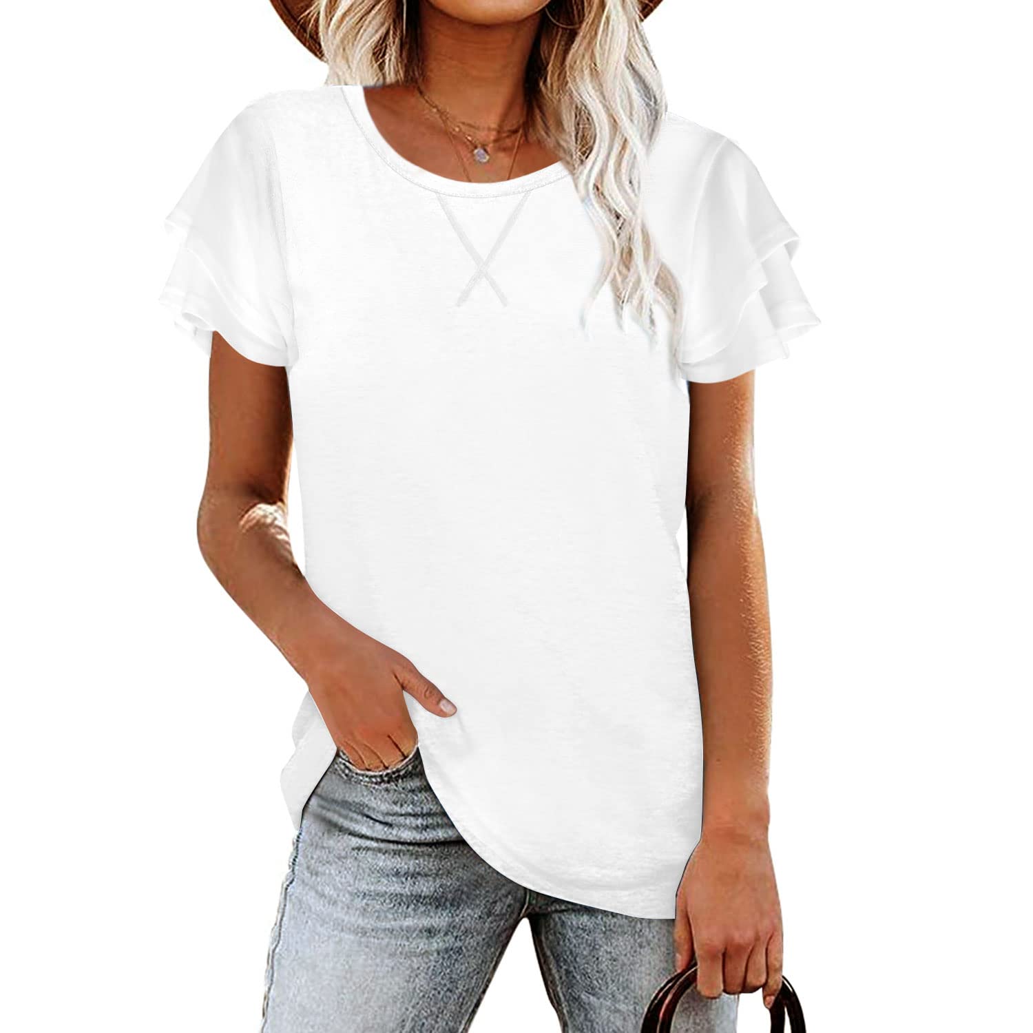 BESFLY Women's Summer V-Neck T-Shirt - Casual Long Sleeve Puff Sleeve Blouse Tunic Top for Work, Date Night & Everyday Wear