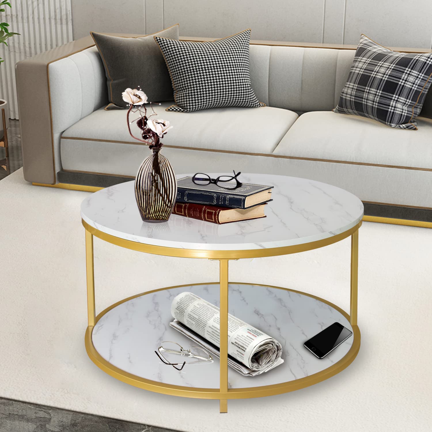 AT-VALY 31.5 Inch Round Coffee Table with Storage Shelf - Solid Wood Top & Sturdy Metal Frame - Modern Sofa Table for Living Room, Bedroom, Office (Gold) - Perfect for Small Spaces, Coffee Time & Home Decor