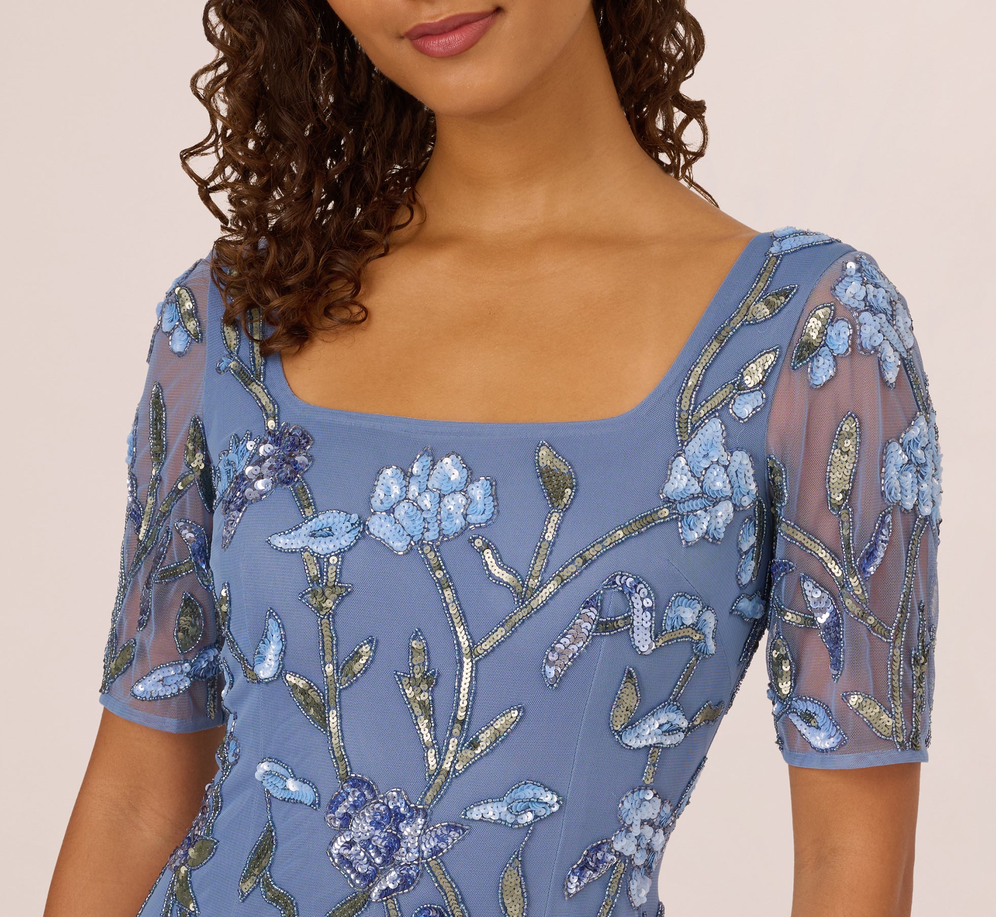 Elegant Square Neck Short Sleeve Beaded Godet Gown in French Blue - Perfect for Evening Parties, Weddings & Special Occasions