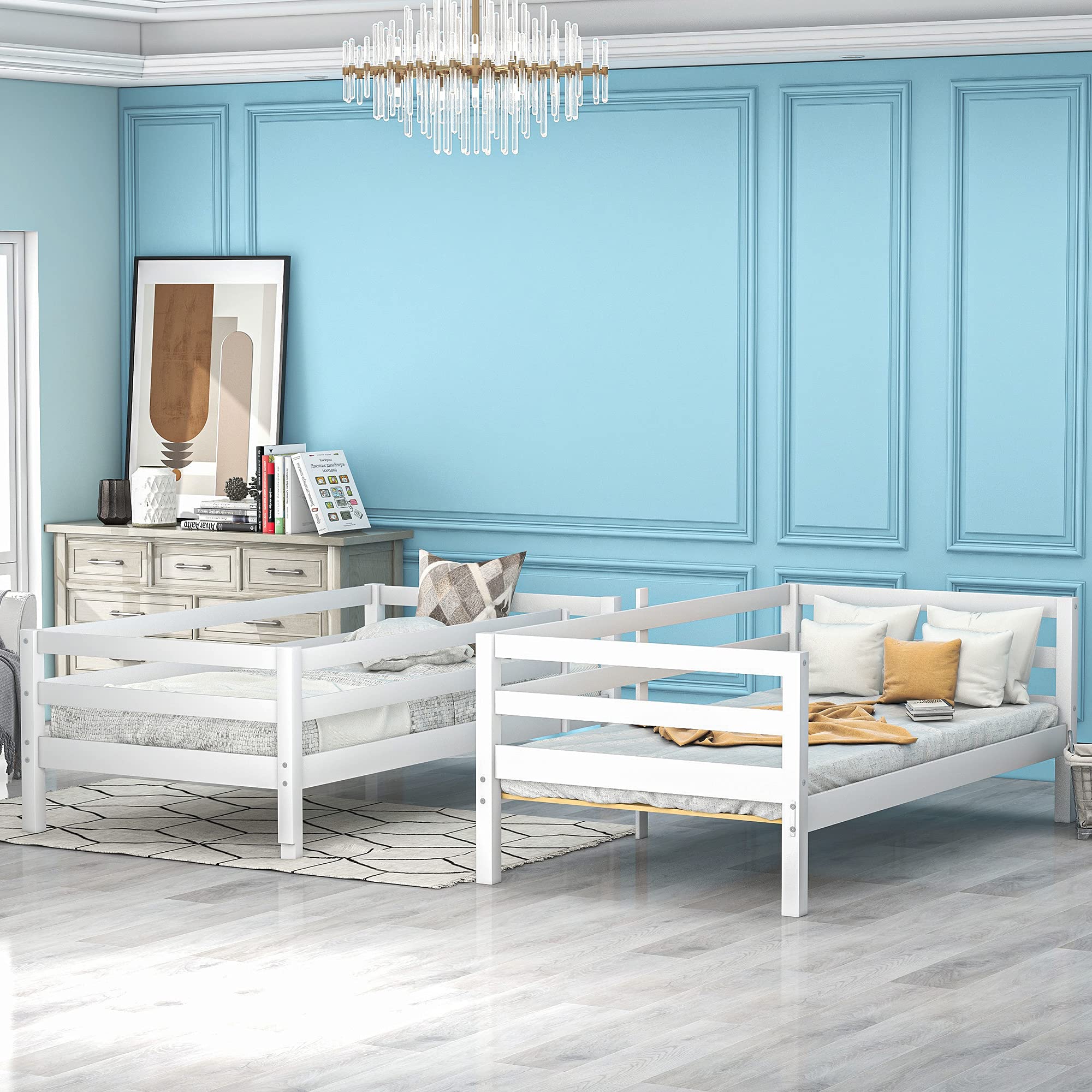 Modern Wood Twin Over Twin Bunk Bed with Ladder & Guardrails - Convertible to 2 Separate Beds for Kids & Teens - No Box Spring Needed (White & Wood Finish) - Perfect for Small Bedrooms, Guest Rooms & Dormitories