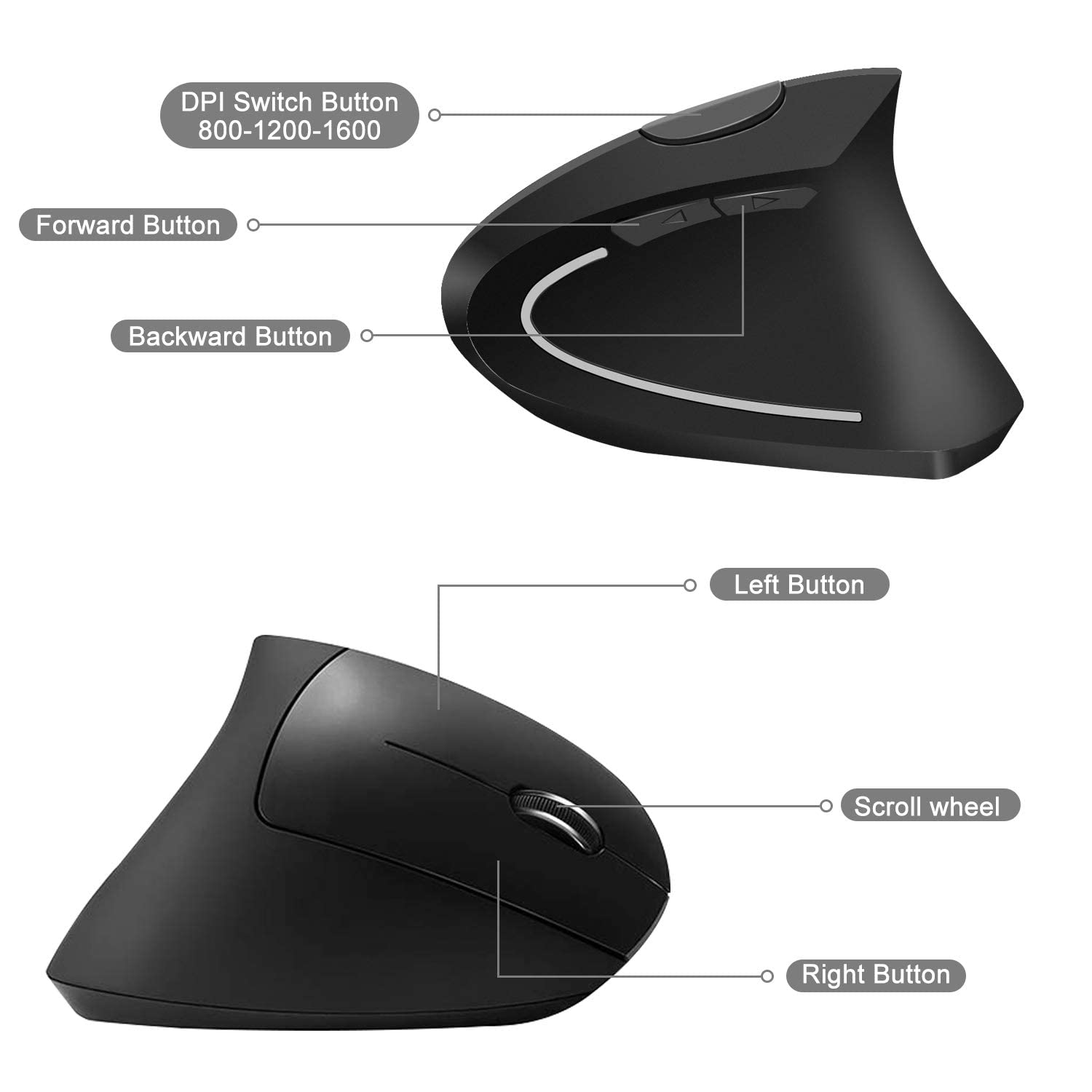 Vassink Ergonomic Wireless Mouse - Rechargeable Vertical Mouse with 2.4GHz USB Receiver, 6 Programmable Buttons, 800/1200/1600 DPI Adjustable for Laptop, PC, Computer - Black (Perfect for Office Work, Gaming & Long-Term Computer Use)