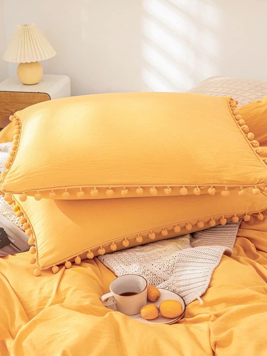 Bright Yellow Pom Pom Cotton Duvet Cover with Button Closure - Soft Bedding Set for Twin, Full, Queen & King Size Beds - Cozy Home Decor for Kids' Rooms, Guest Bedrooms & Dorm Essentials