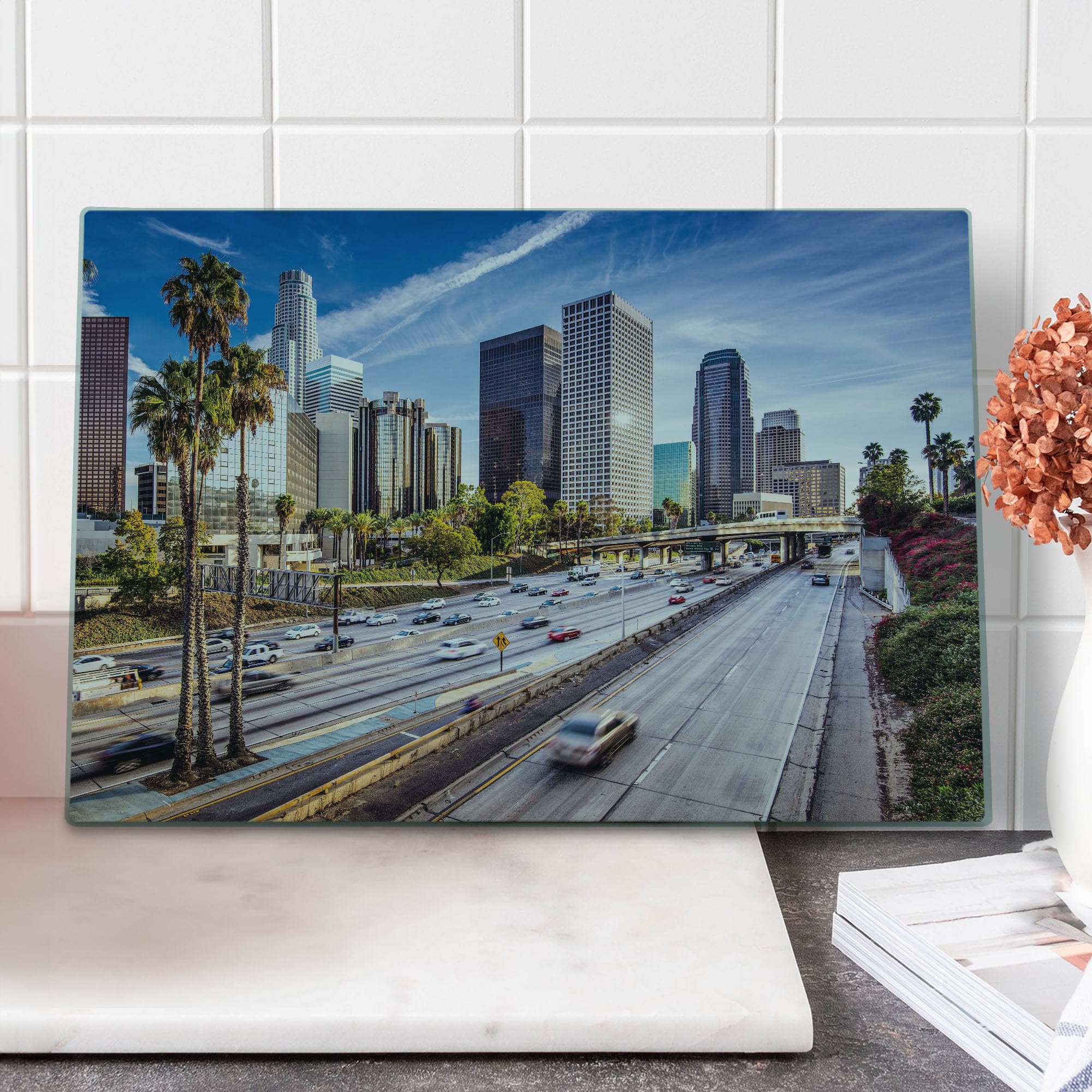 Ambesonne Tempered Glass Cutting Board - Los Angeles Cityscape Print, Large Decorative Serving Board for Kitchen & Dining, Blue Grey Green Design - Perfect for Entertaining, Gifts & Home Decor