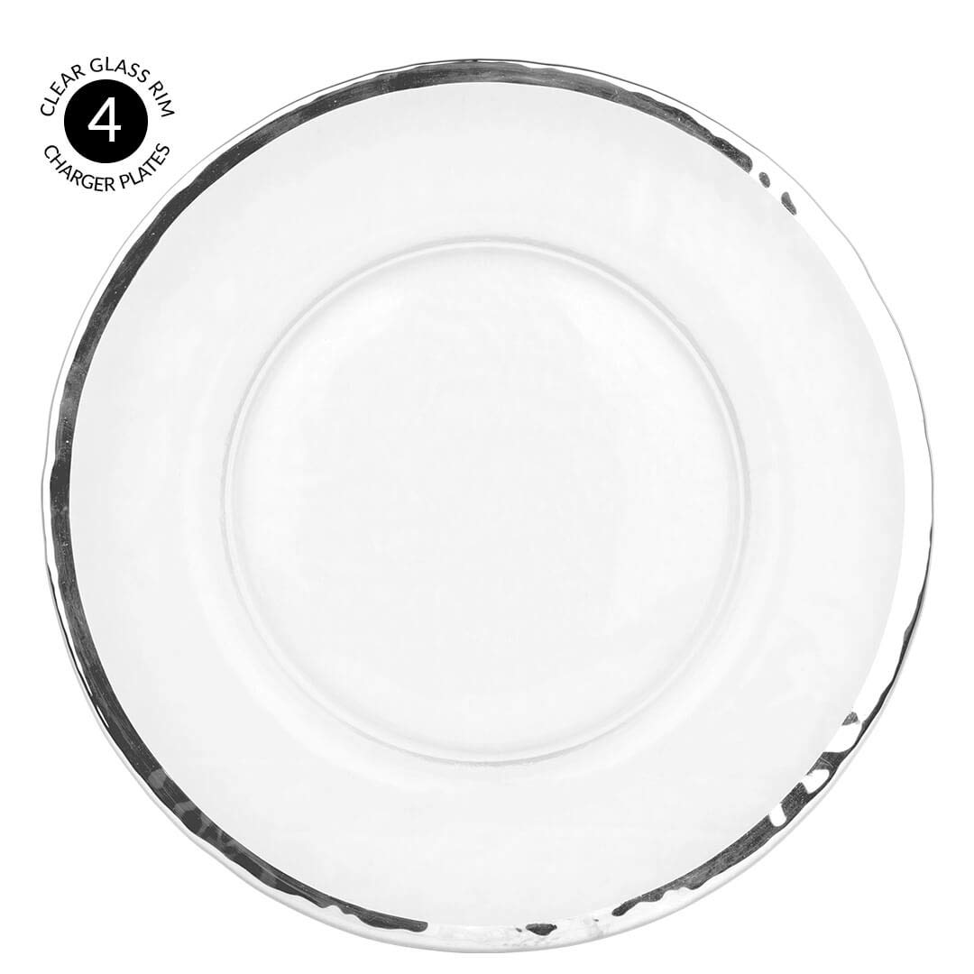 Koyal Wholesale Bulk Clear Glass Silver Rim Charger Plates - Set of 4 Elegant Silver Hammered Glass Chargers - Perfect for Weddings, Parties & Formal Dining Decor