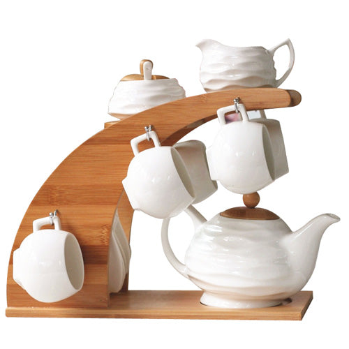 IKEA Bamboo Cup Rack & Ceramic Tea Set - 6-Piece Tea Cup Holder and Storage Organizer for Kitchen Countertop, Coffee Bar, and Dining Table Display