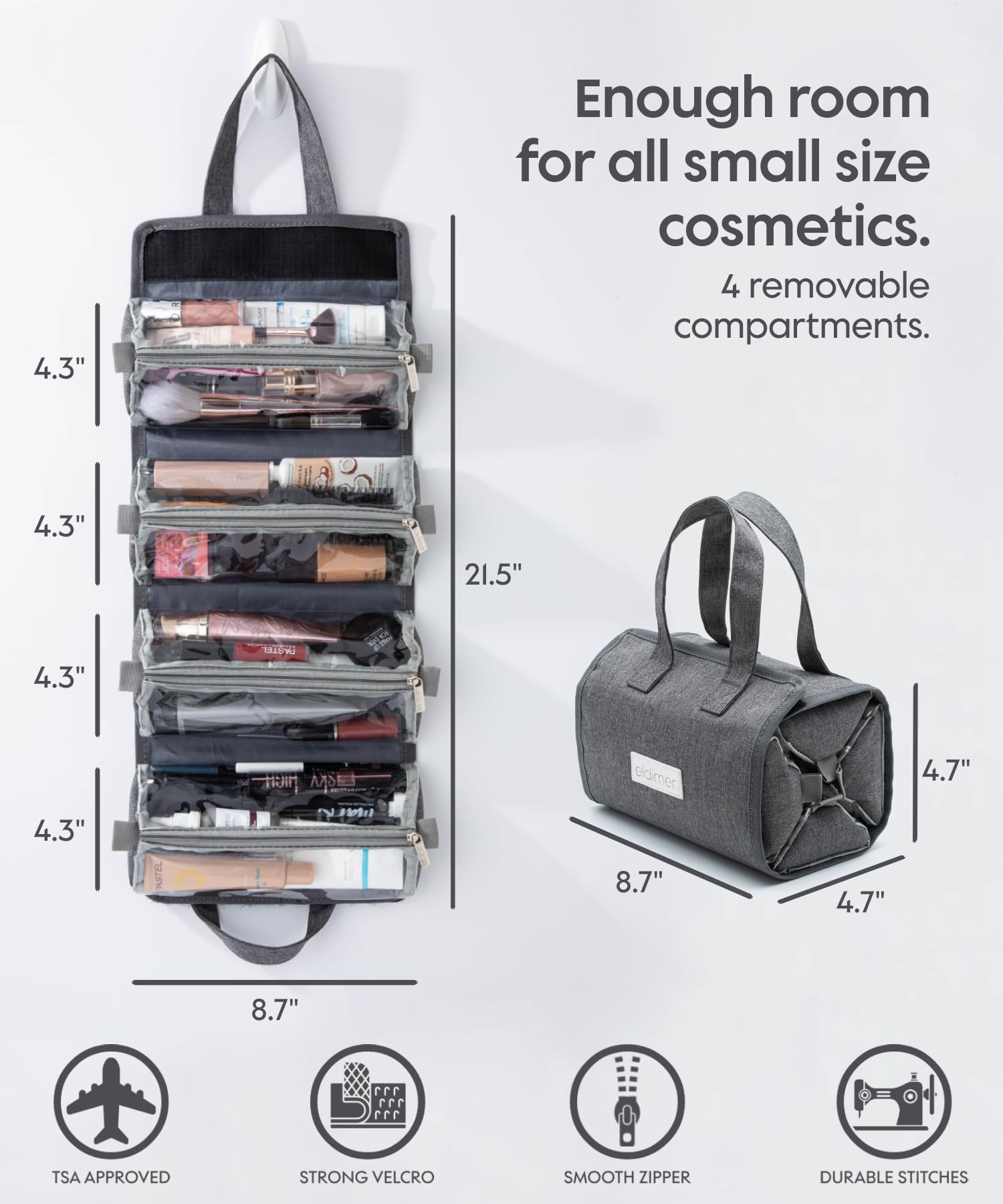 Compact Hanging Toiletry Bag for Women Travel - 4 Removable Compartments - Perfect for Makeup & Medicine - TSA Approved