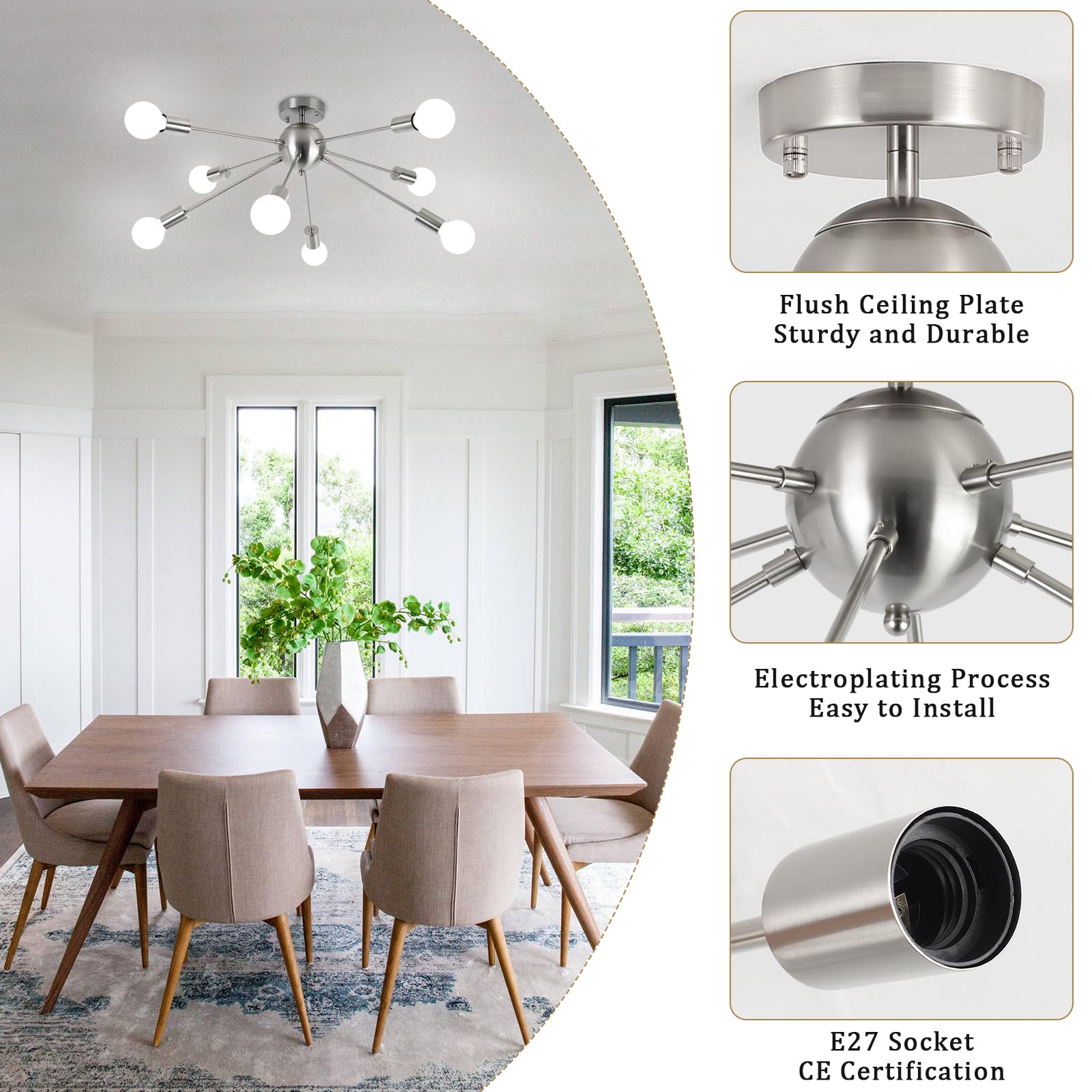 ASHUAQI 8-Light Sputnik Ceiling Fixture - Modern Chrome Semi-Flush Mount Industrial Chandelier with E27 Sockets for Living Room, Bedroom, Kitchen, Dining Room, Hallway & Lounge | Perfect for Contemporary Home Decor & Industrial Style Lighting