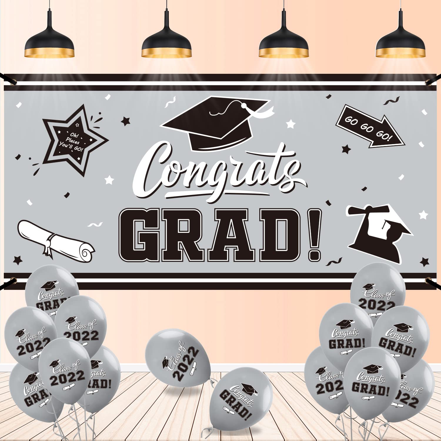 Large Silver Graduation Backdrop Banner with Congrats Balloons - Party Decorations & Photography Background for 2022 Graduation Ceremony | Perfect for Graduation Parties, School Events & Photo Booths