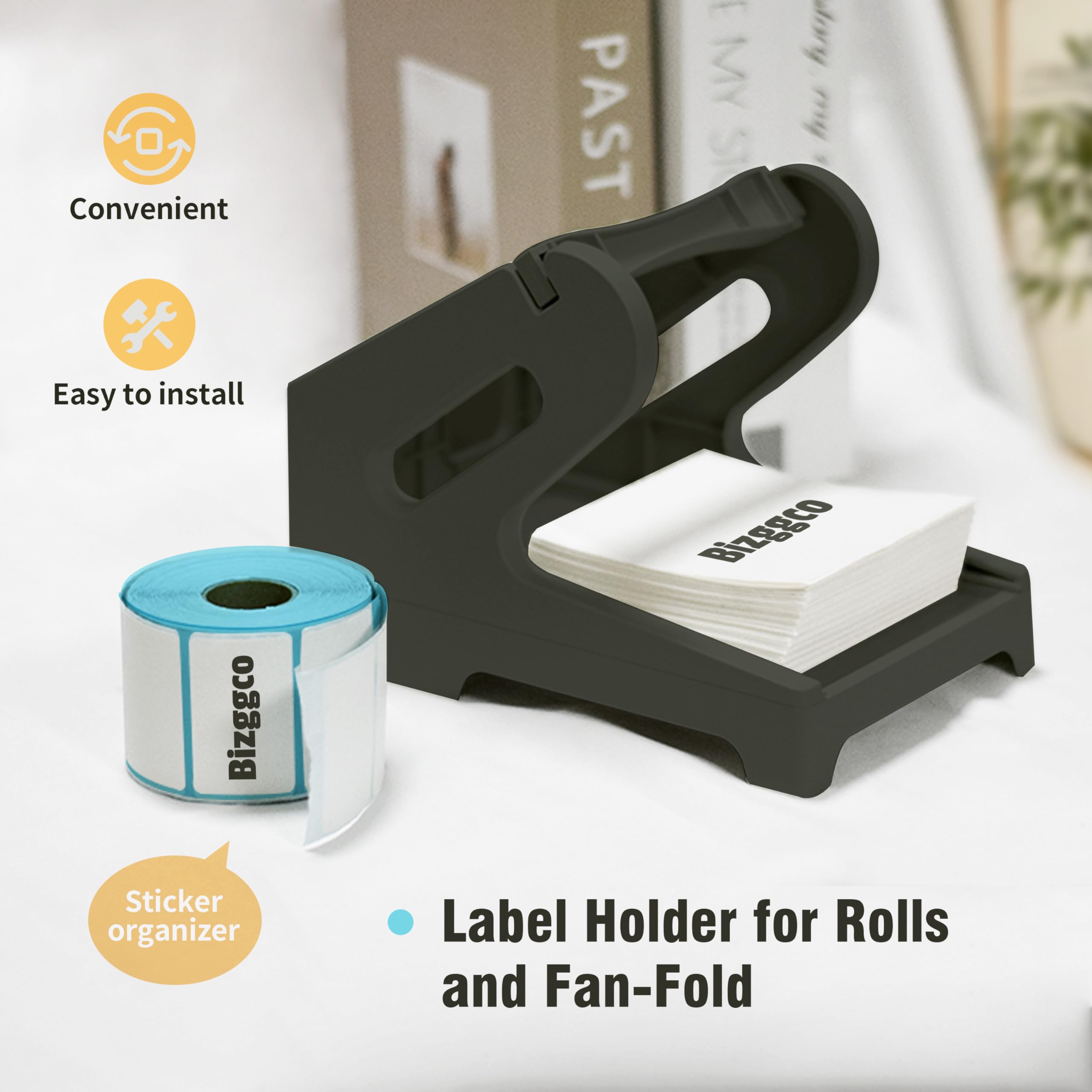 Thermal Shipping Label Holder for Rolls & Fan-Folds - Desktop Printer Stand & Fragile Sticker Dispenser Organizer - Black Home Office Accessory for Holographic Vinyl Sticker Maker - Perfect for E-commerce, Packaging & Shipping Businesses