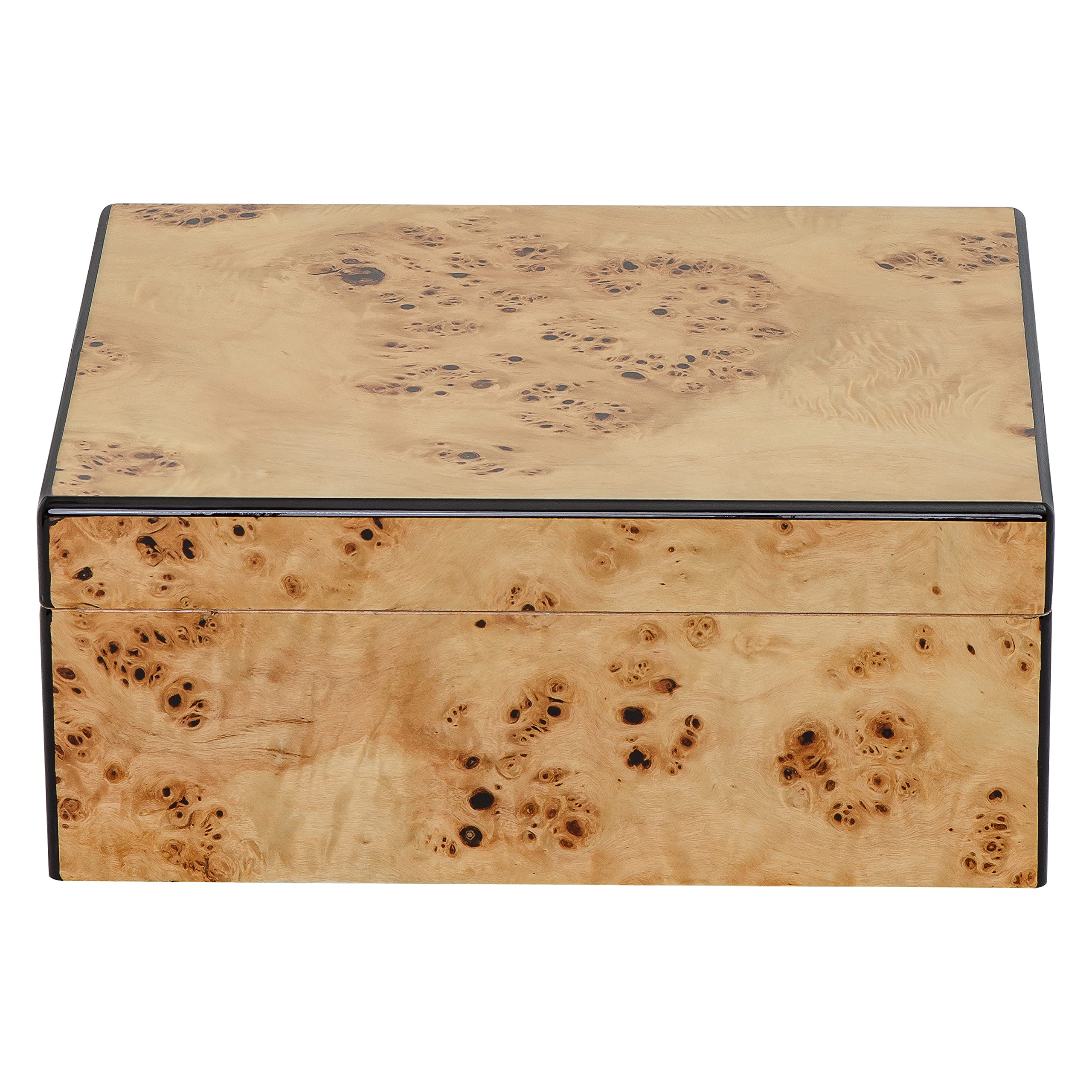 Premium Flanders Desktop Cigar Humidor - Burl Wood & Glass Hygrometer with Spanish Cedar Lining (Holds 30-55 Cigars) - Perfect for Home, Office & Cigar Lounge Storage