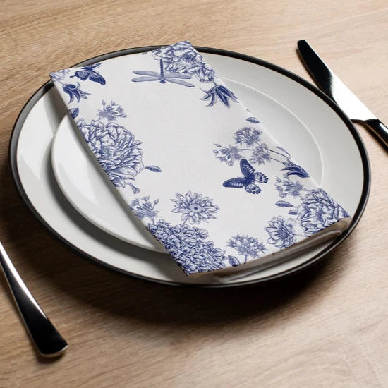 Elegant Dragonfly Toile Blue Napkins - Set of 4 Premium Cotton Dinner Napkins for Formal Dining, Wedding, and Special Occasions