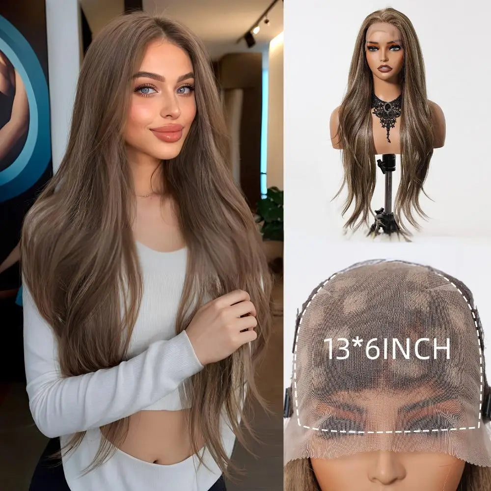Long Brown Blonde Highlight Synthetic Hair Wig for Women - Natural Looking Straight Shoulder Length Cosplay Costume Party Daily Wear