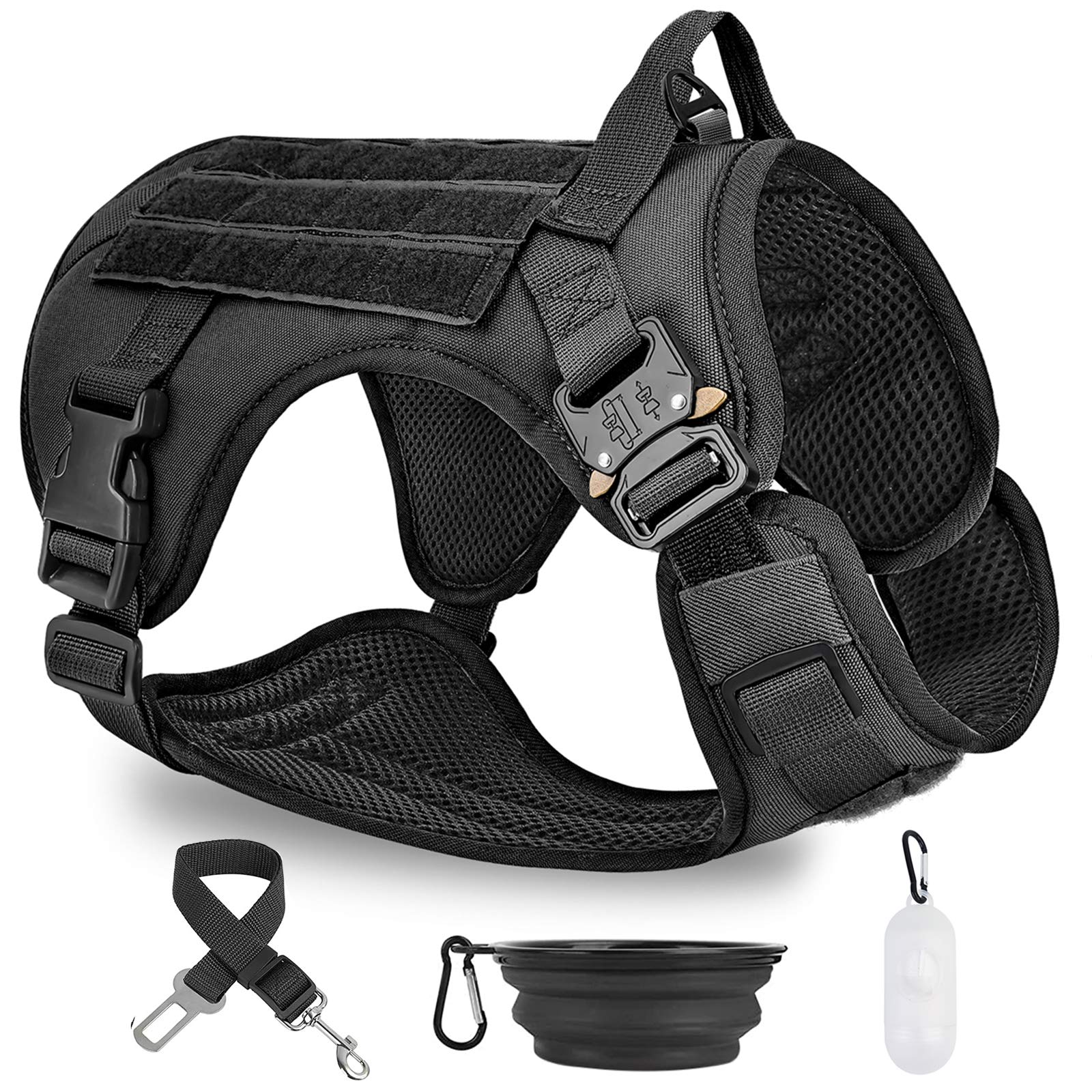 PAWDAY Tactical Dog Harness with No-Pull Front Clip - Adjustable Vest for Large & Medium Dogs - Training, Hunting & Walking Gear - Includes Poop Bag Dispenser, Pet Bowl & Car Seatbelt - Perfect for Outdoor Adventures & Daily Walks