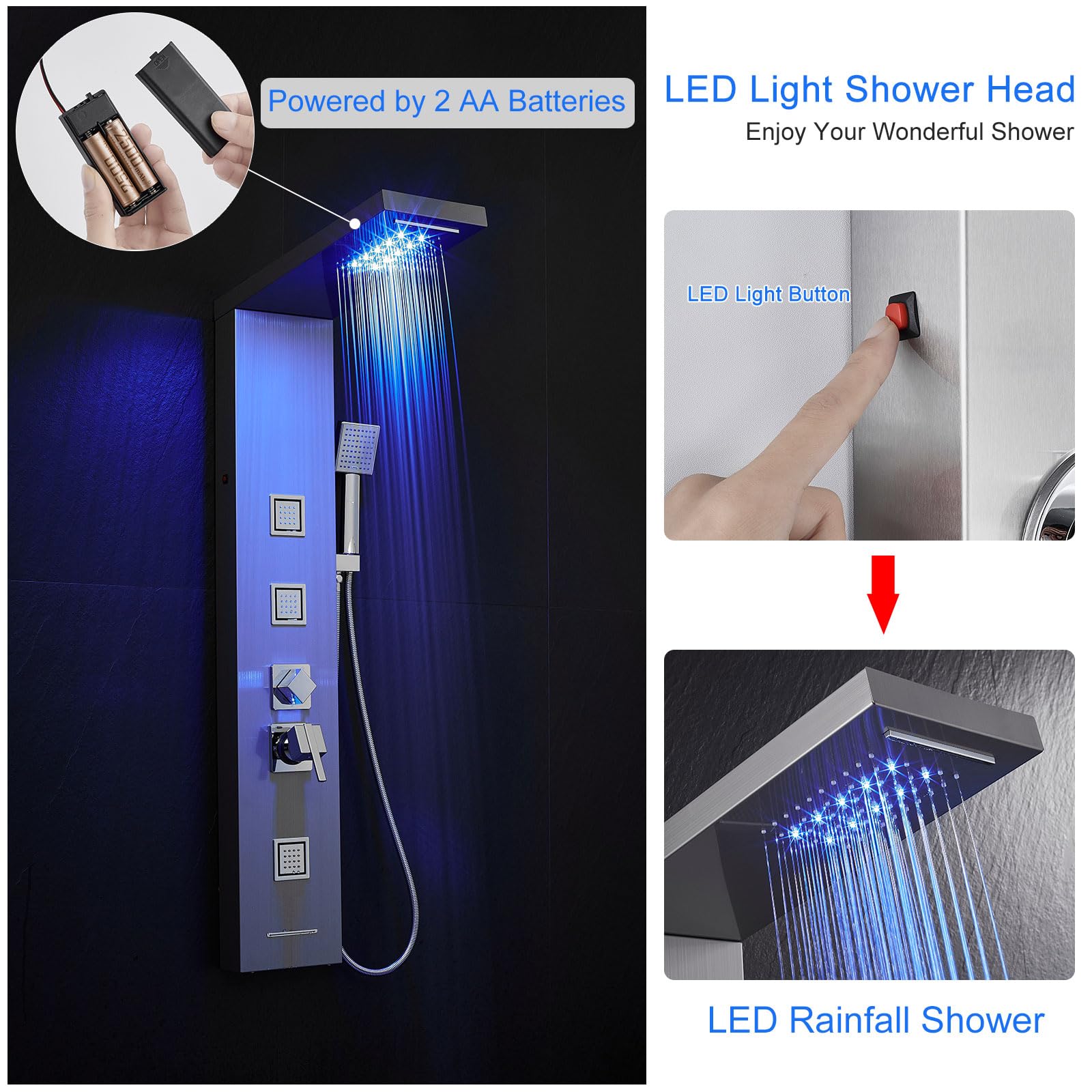 5-in-1 LED Shower Panel Tower System with Rainfall Shower Head, Waterfall Shower, 3 Massage Jets & Handheld Spray - Perfect for Modern Bathroom Renovation & Spa Experience