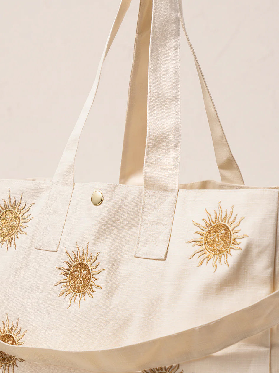Elizabeth Scarlett Cotton Carryall Tote Bag - Oat Sun Goddess Design - Perfect for Beach, Shopping & Everyday Use