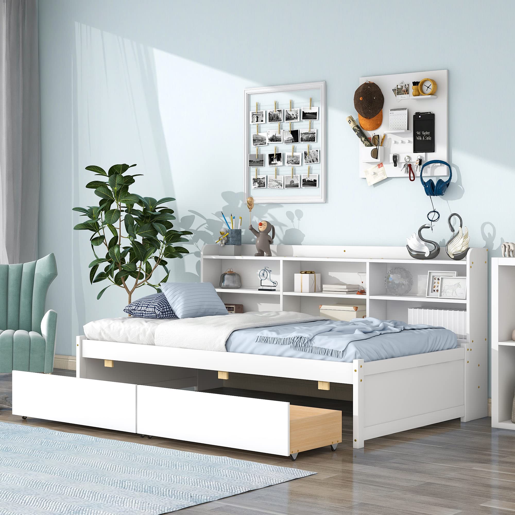 Stylish Solid Wood Platform Bed with Built-in Bookcase & 2 Storage Drawers - Twin Size, White/Pine Finish - Perfect for Small Bedrooms, Studio Apartments & Space-Saving Solutions