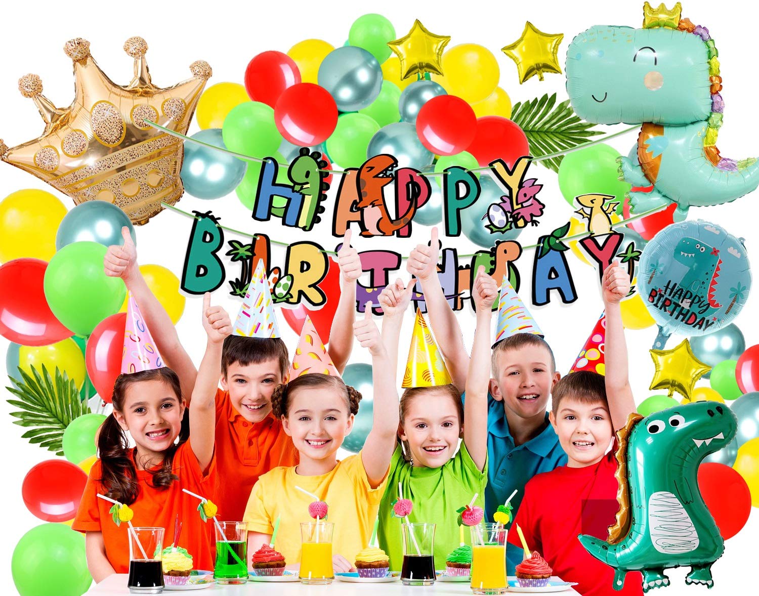 Dinosaur Birthday Party Decorations Kit - Dinosaur Balloons Garland, Banner, Crowns & Palm Leaves for Jungle Theme Party, Baby Shower - Perfect for Kids' Birthday Decorations and Themed Events