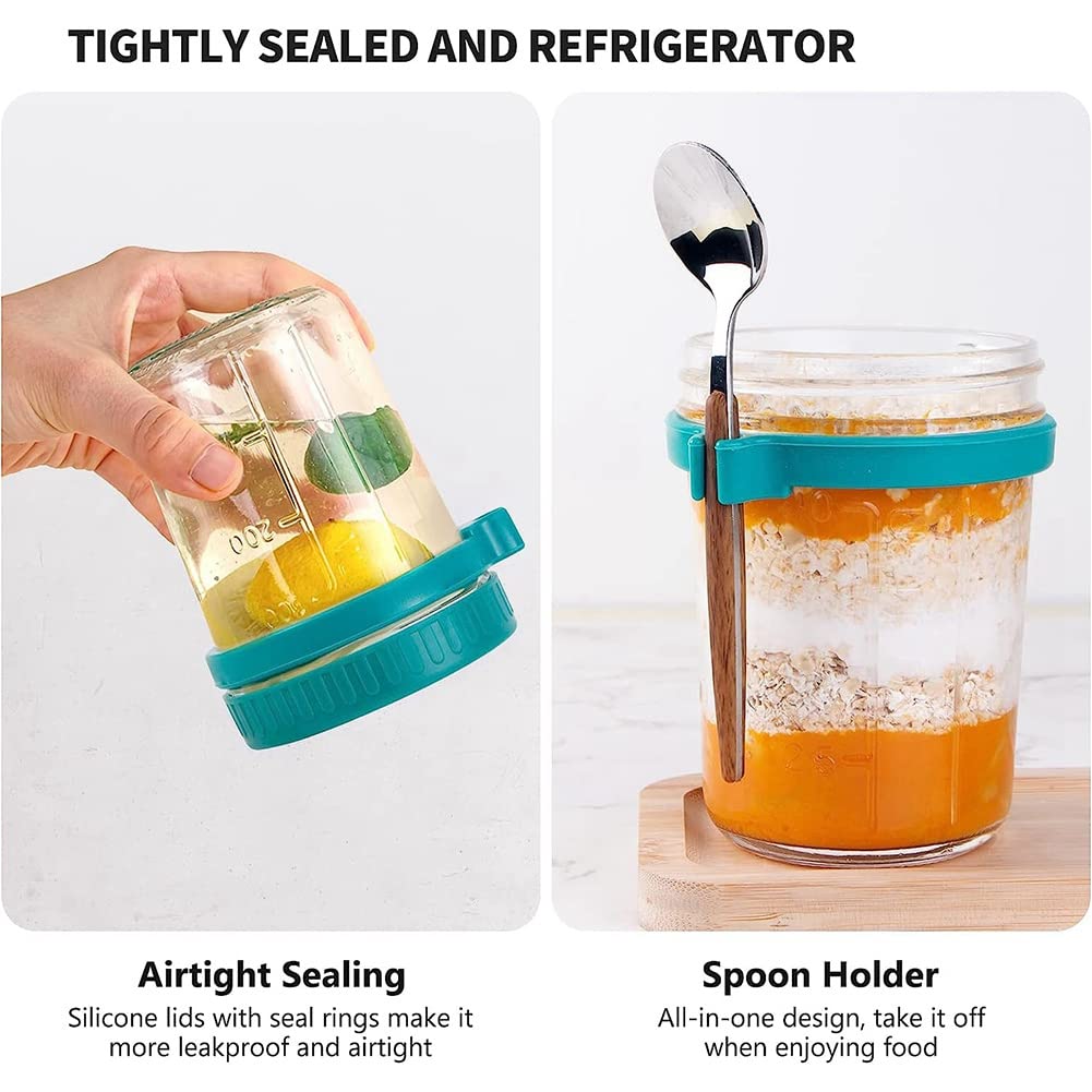 Premium Glass Overnight Oats Jars with Lids & Spoon - 4 Pack Reusable Breakfast Containers for Meal Prep, Yogurt Parfait & Healthy Snacks - Perfect for Office, Gym & On-the-Go Lifestyles