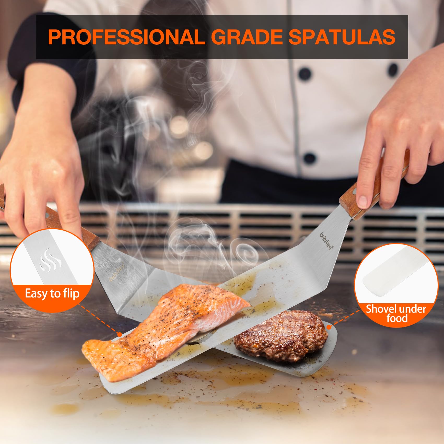 OnlyFire Professional 5-Piece BBQ Grill Tool Kit - Stainless Steel Griddle Accessories for Camping, Outdoor Hibachi & Backyard Cooking - Perfect for Grilling, Searing & Flat Top Cooking