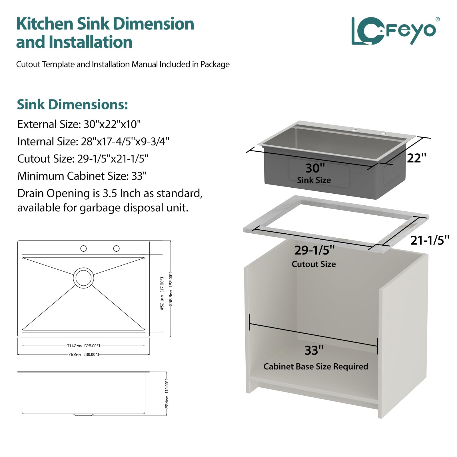 30”x22“ Drop-In Workstation Kitchen Sink - 16 Gauge Stainless Steel Handmade Single Bowl with Ledge Topmount - Contemporary Deep Basin for Modern Kitchens (Perfect for Meal Prep, Dishwashing & Entertaining)