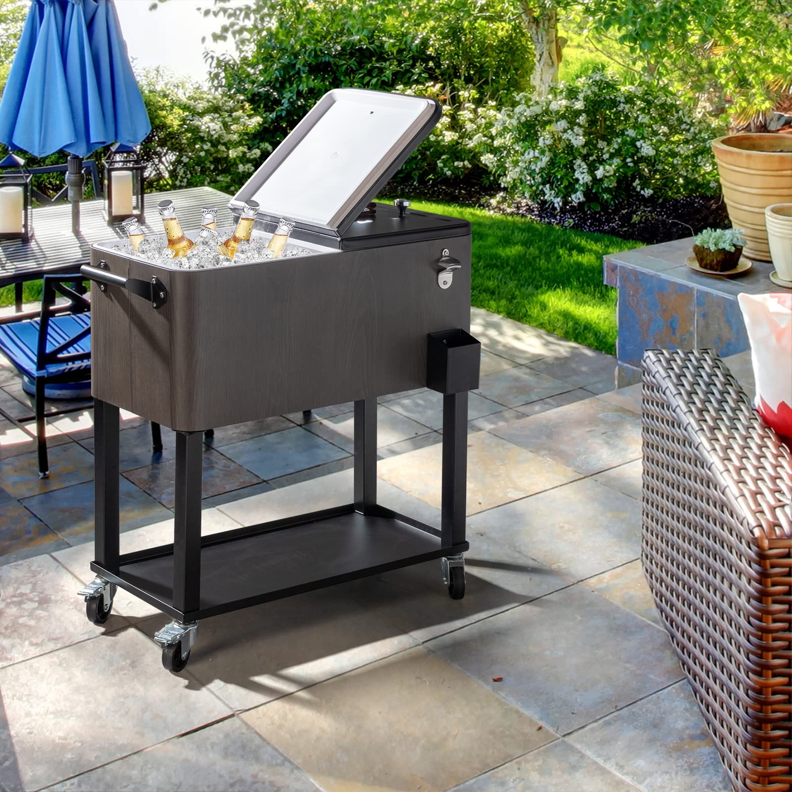80 QT Rolling Cooler with Wheels & Shelf - Portable Outdoor Ice Chest for Camping, Picnics, Tailgating & Backyard Parties - Heavy Duty Drink Cooler Cart for Patio, Beach & BBQ