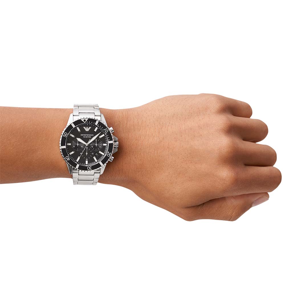 Emporio Armani AR11360 Men's Diver Watch - Black Stainless Steel Waterproof Chronograph for Swimming, Diving & Everyday Wear