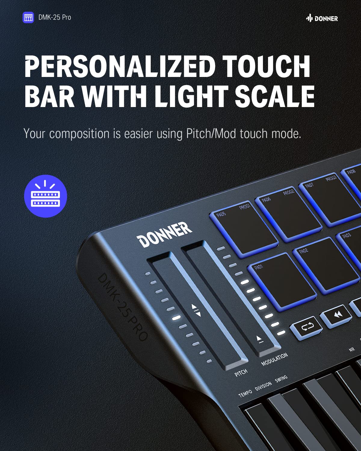 Donner DMK25 Pro 25-Key USB-C MIDI Keyboard Controller with 8 Drum Pads, OLED Display & Touch Bar | Portable Mini Keyboard for Music Production, Beat Making & Live Performance | Includes DAW Software & 40 Music Lessons