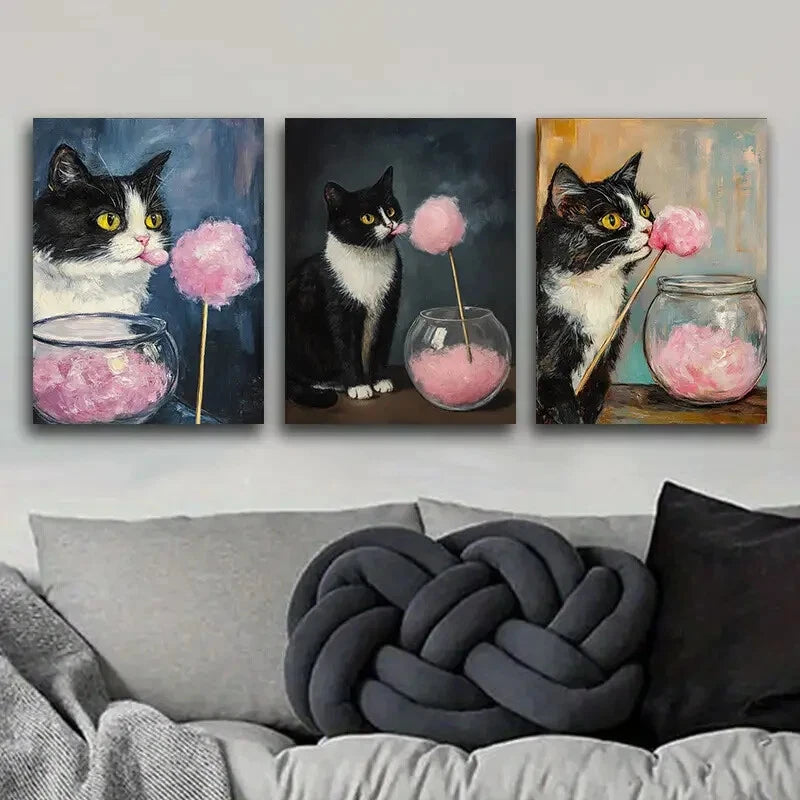3pcs Kitty Eating Marshmallows Metal Wall Art - Ready to Hang Cat Decor for Living Room, Bedroom & Office
