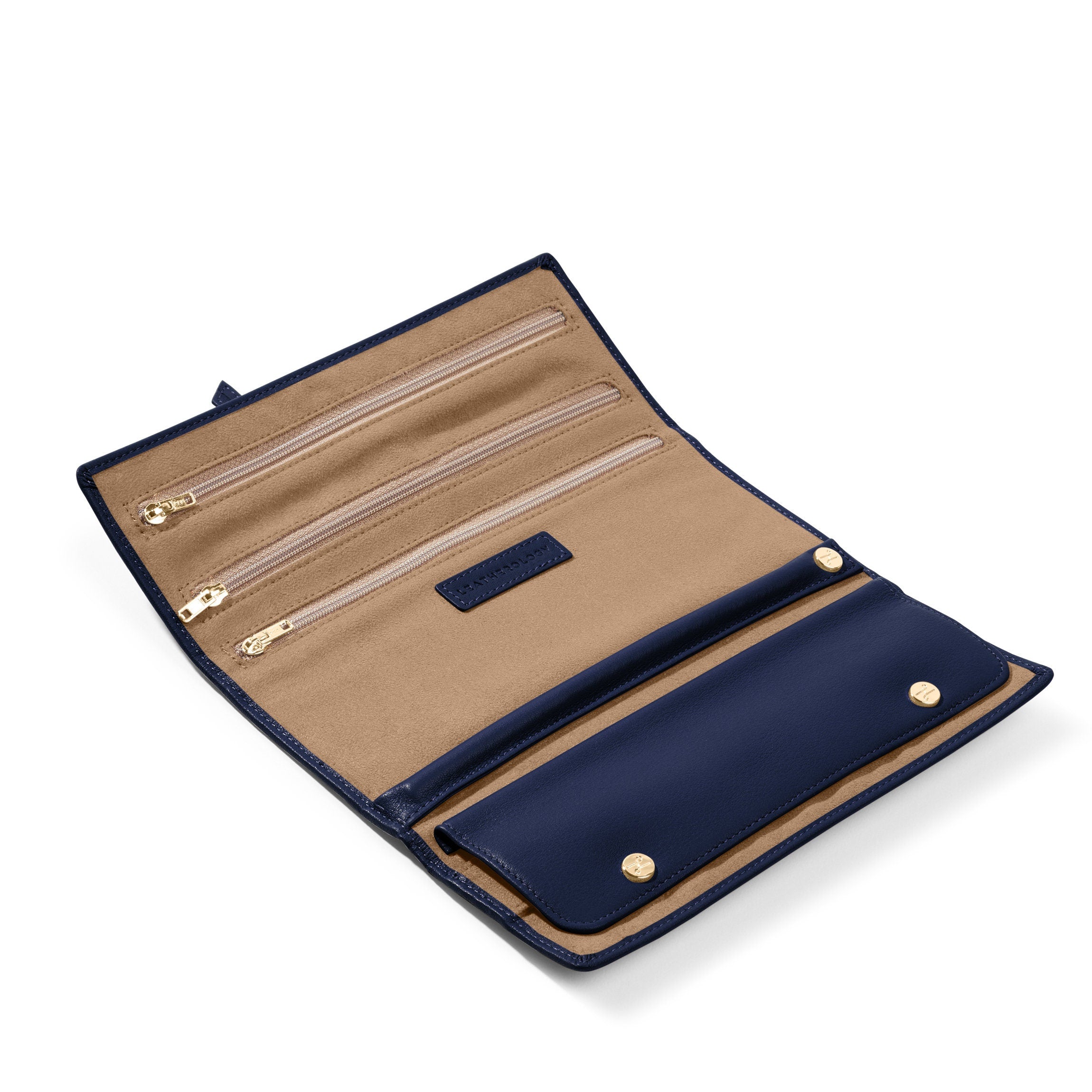 Buckled Jewelry Roll Travel Organizer - Navy Blue Leather Case for Necklaces, Bracelets & Earrings - Perfect for Travel, Gifts & Storage