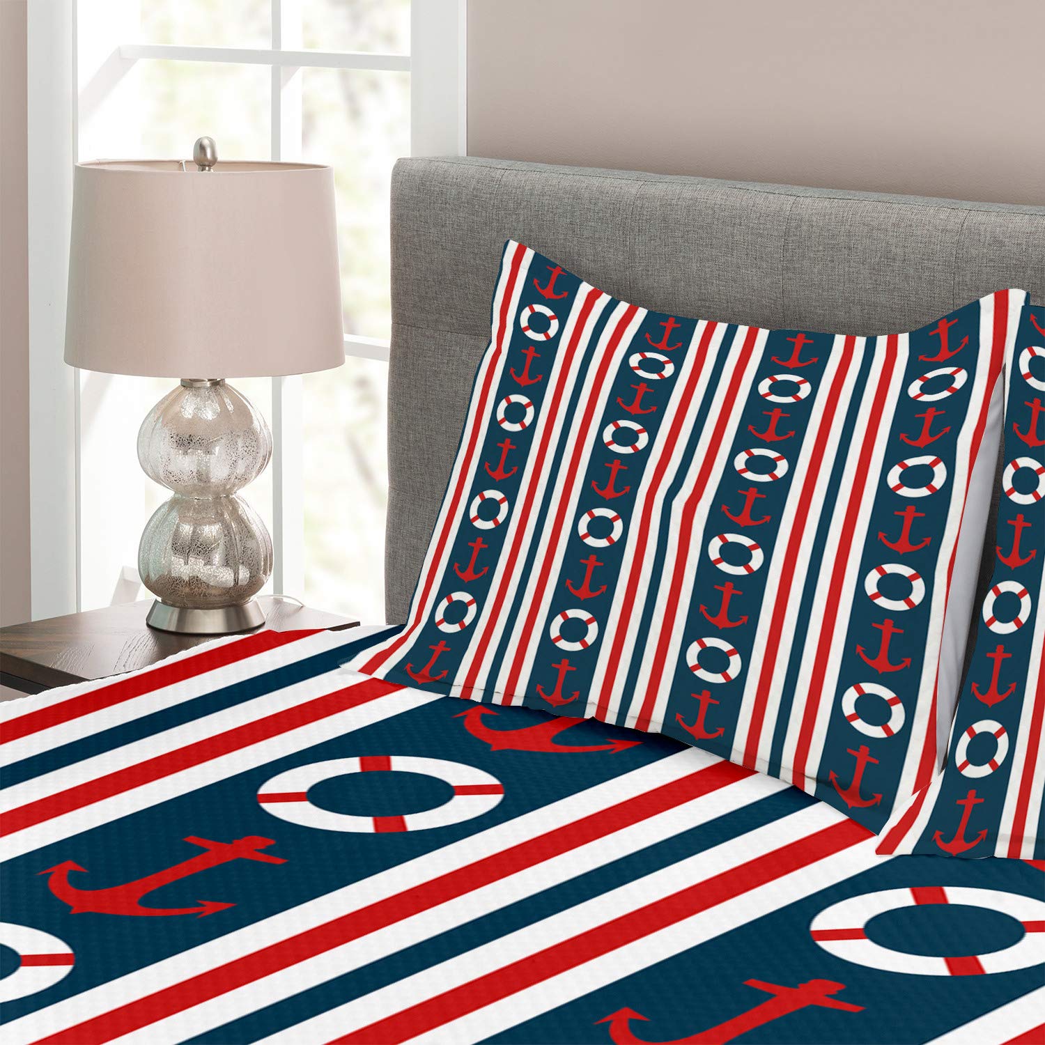 Ambesonne Nautical Bedspread Set - 3 Piece Queen Size Bedding with Maritime Stripes, Steering Wheel & Anchor Pattern in Indigo Red White | Coastal Decor for Guest Rooms, Beach Houses & Nautical Themed Bedrooms