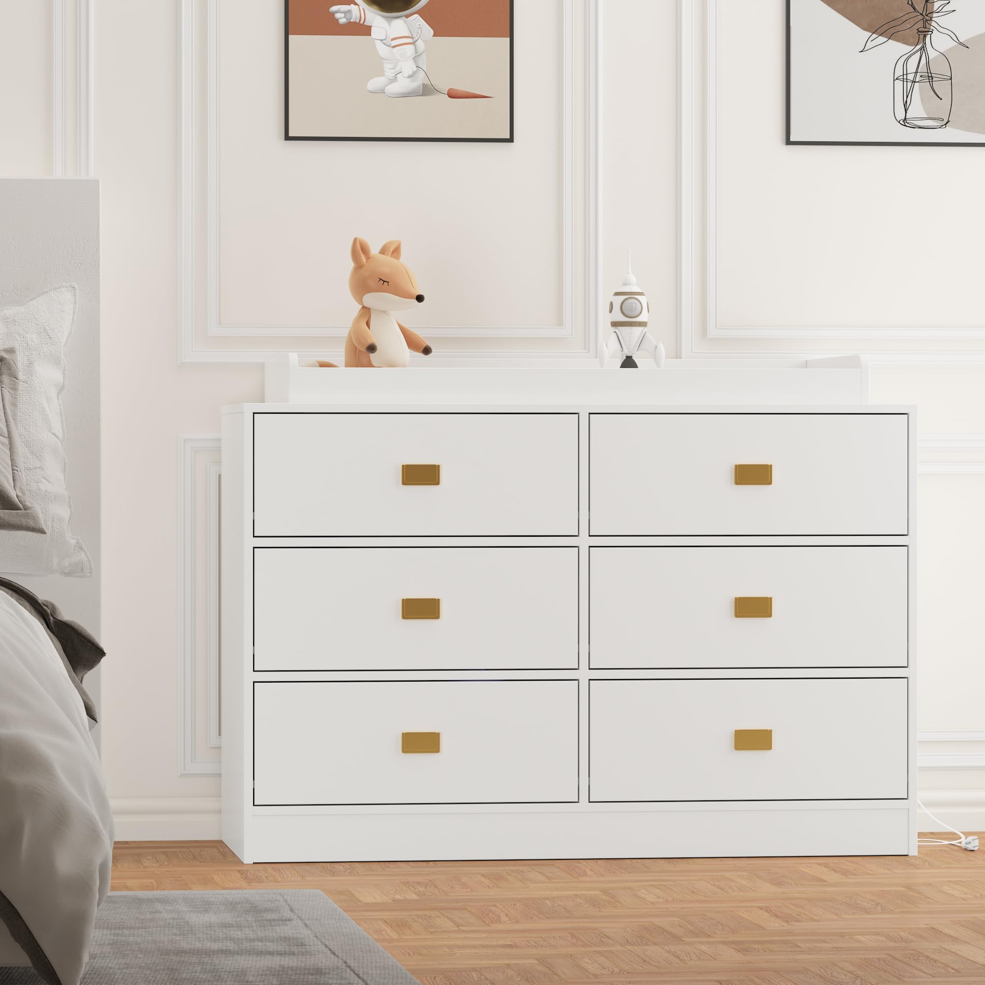 White 6-Drawer Nursery Dresser with Changing Table Top, Power Outlets & Removable Pad - Baby Changing Station for Bedroom & Nursery Organization - Perfect for Diaper Changes, Storage & Nursery Decor